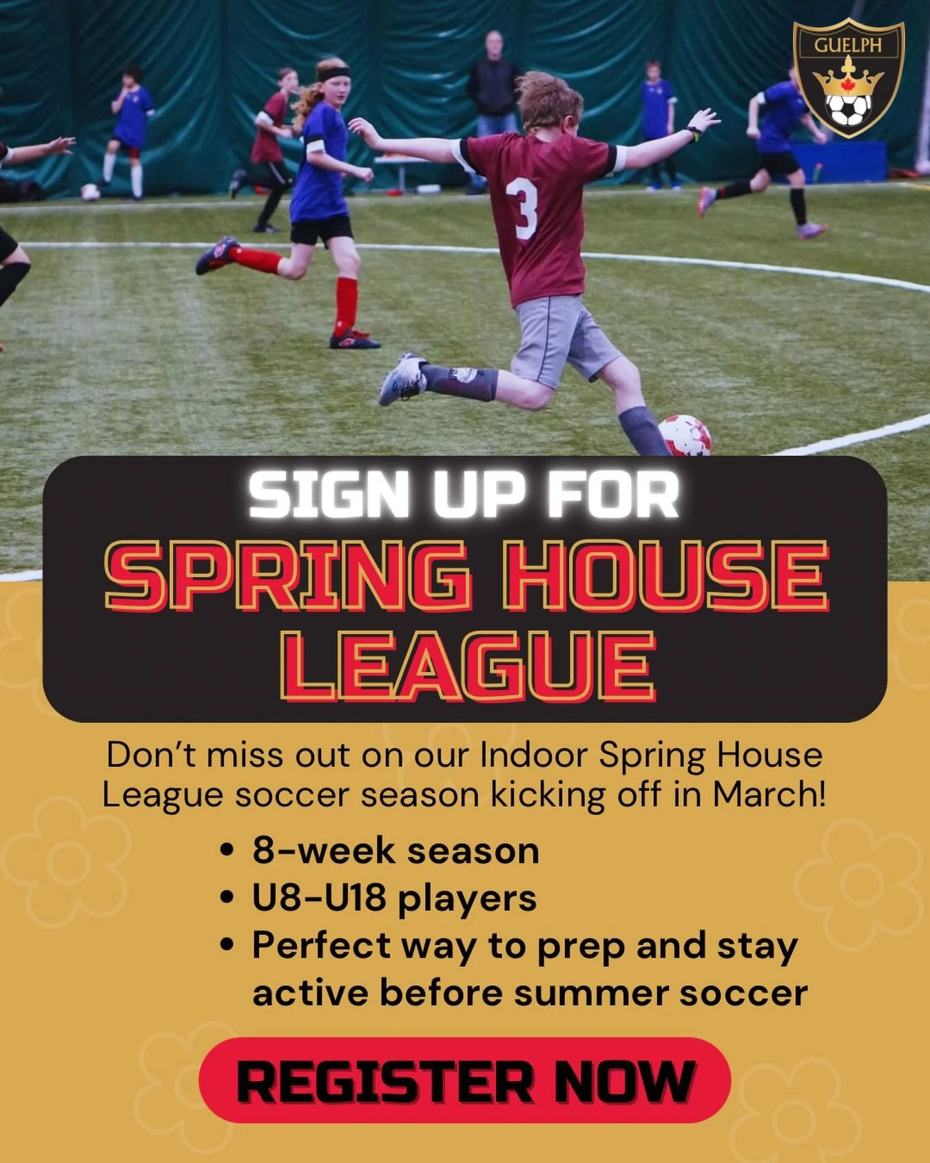Spring Indoor House League kicks off on March 7th/8th and there&rsquo;s still space available for registration! If your player didn&rsquo;t secure a spot in Winter, they are eager to continue playing, or want to be ready for summer soccer, now is the