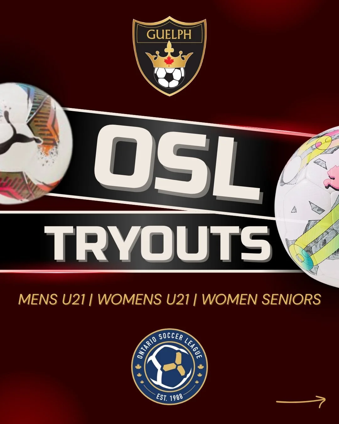 ⚽️⭐️OSL TRYOUTS ARE HERE⭐️⚽️

We are hosting tryouts for our Men&rsquo;s U21, Women&rsquo;s U21, and Women&rsquo;s Seniors team this February. All teams will be playing in the Ontario Soccer League. 

SWIPE TO SEE THE TRYOUT SCHEDULE ➡️➡️➡️

To sign 