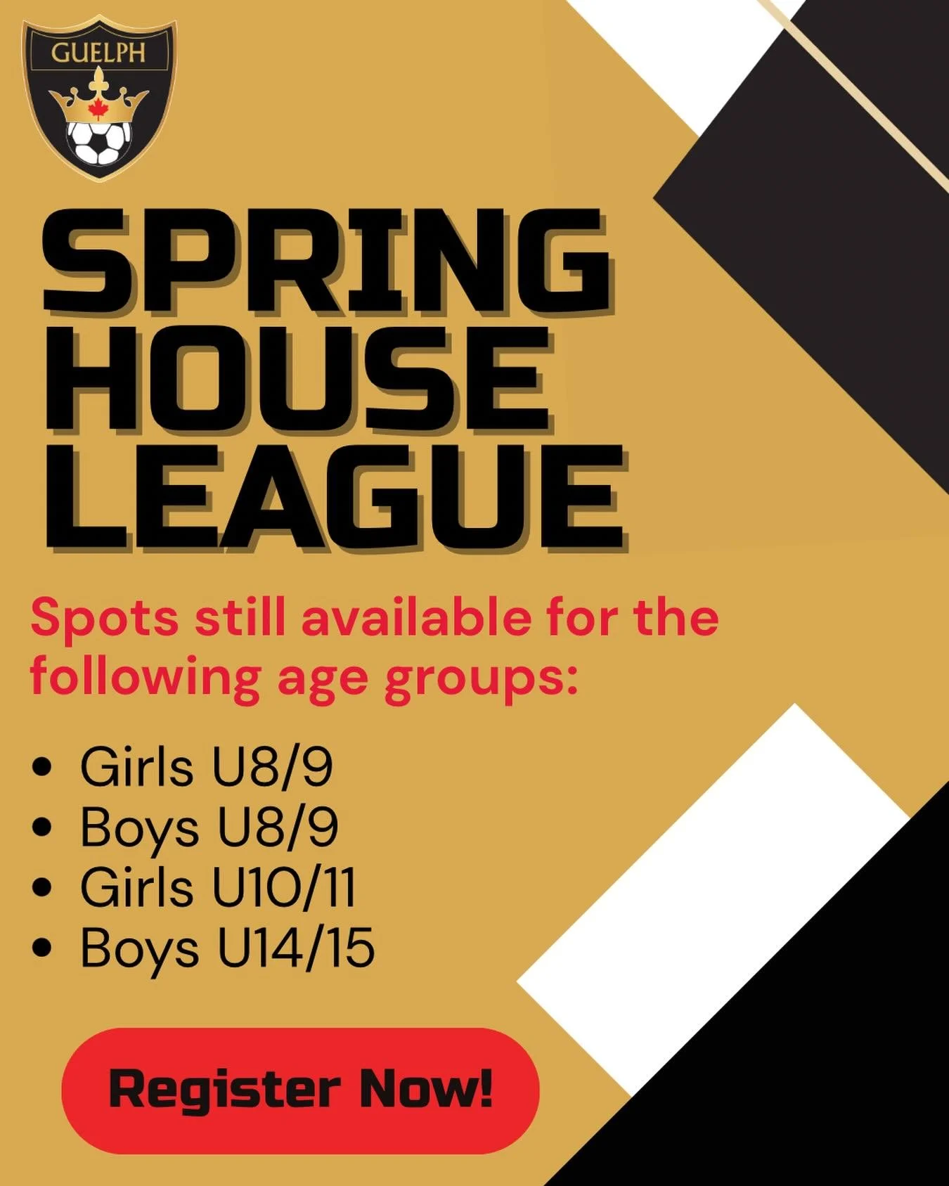 Spots are filling fast! Limited availability remains in select Spring House League age groups! 

- Boys U8/9
- Girls U8/9 
- Girls U10/11
- Boys U14/15

Don&rsquo;t miss out on the spring season! Register now using the link in our bio!!

#guelph #soc
