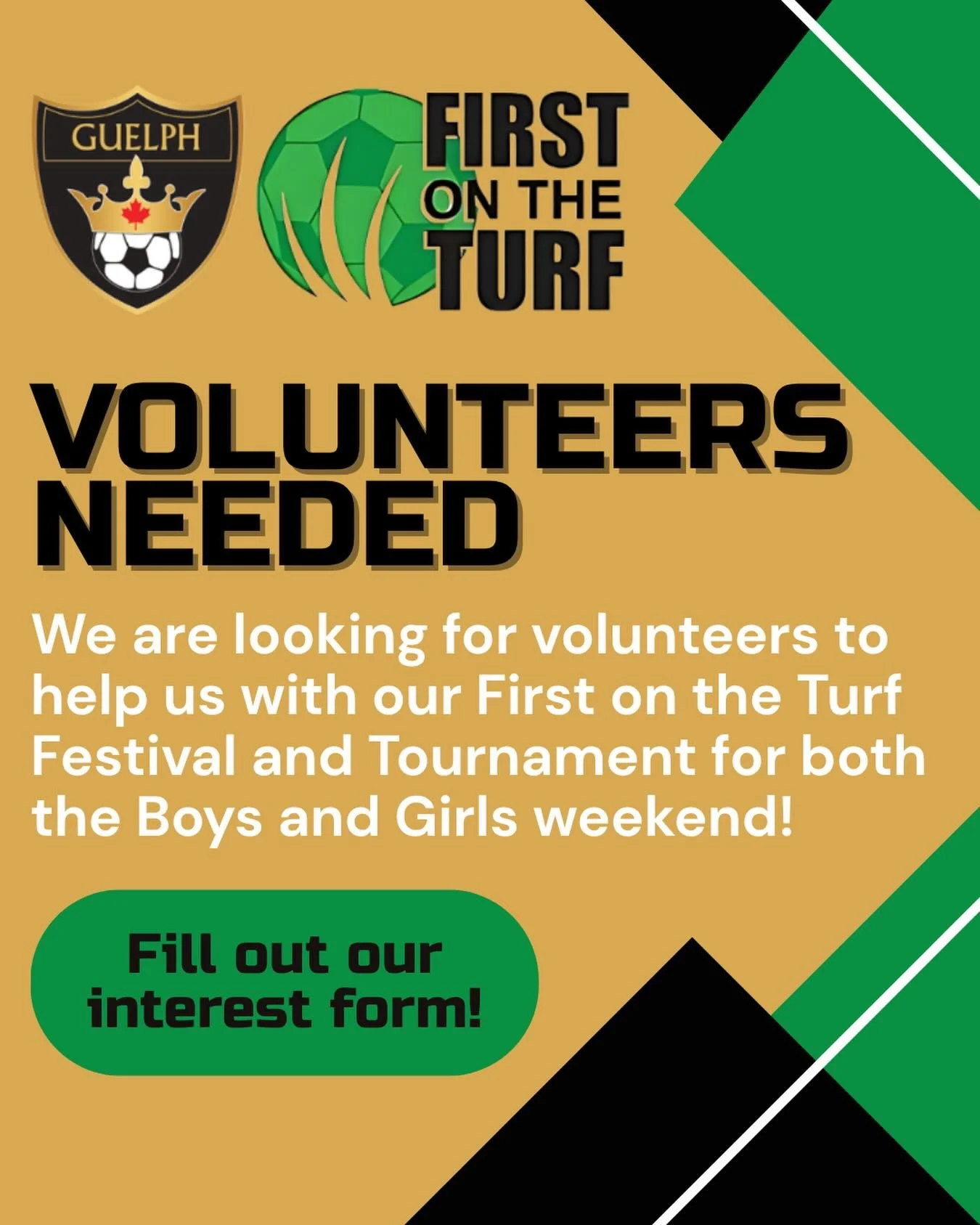 Be part of the action at First on the Turf this year ‼️⚽️💚

Our annual festival and tournament is coming up and we are looking for volunteers to support both our boys and girls weekends!

Boys Weekend ➡️ April 24th-26th
Girls Weekend ➡️ May 1st-3rd
