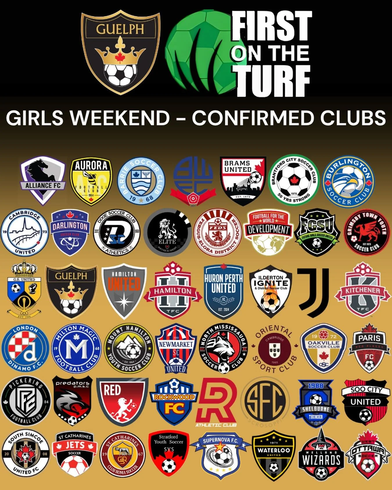 Ready for another? Our 14th annual First on the Turf Festival and Tournament kicks off this weekend for the girls! ⚽️🥳🙌 

We have a total of 122 teams and 47 clubs attending this weekend! 

@alliancefcldn @aurorafc_aysc @barriesoccerclub @bolton_wa