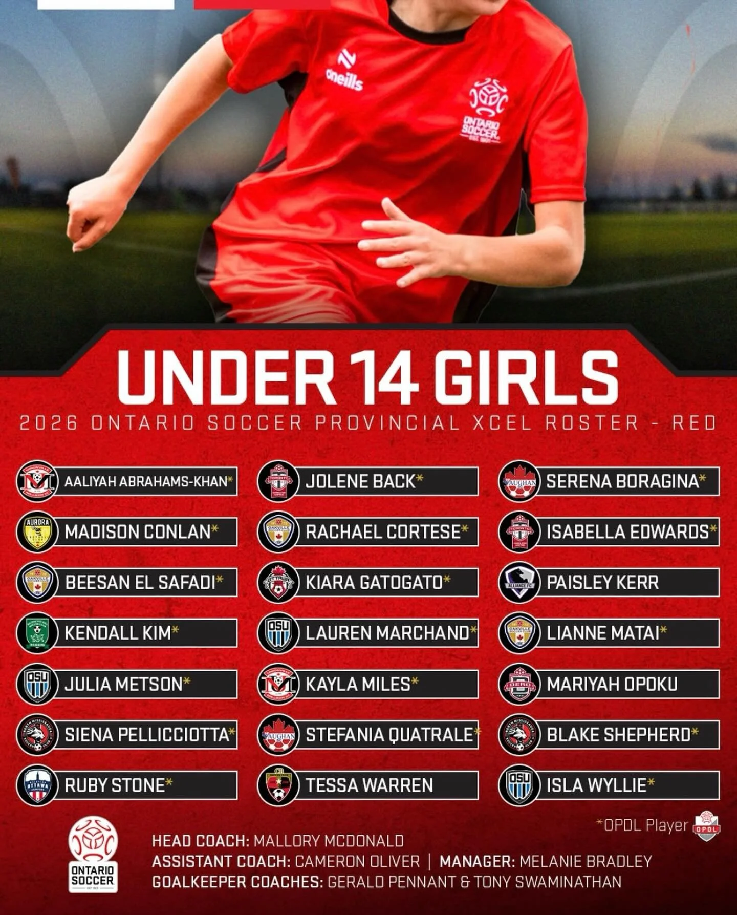CONGRATULATIONS to our very own, Cameron Oliver, who is named Assistant Coach of the Girls U14 (Red) 2026 Ontario Soccer Provincial Xcel Roster. We can&rsquo;t wait to see what you accomplish with this team this year! Congratulations again!!! 🎉🥳🎊
