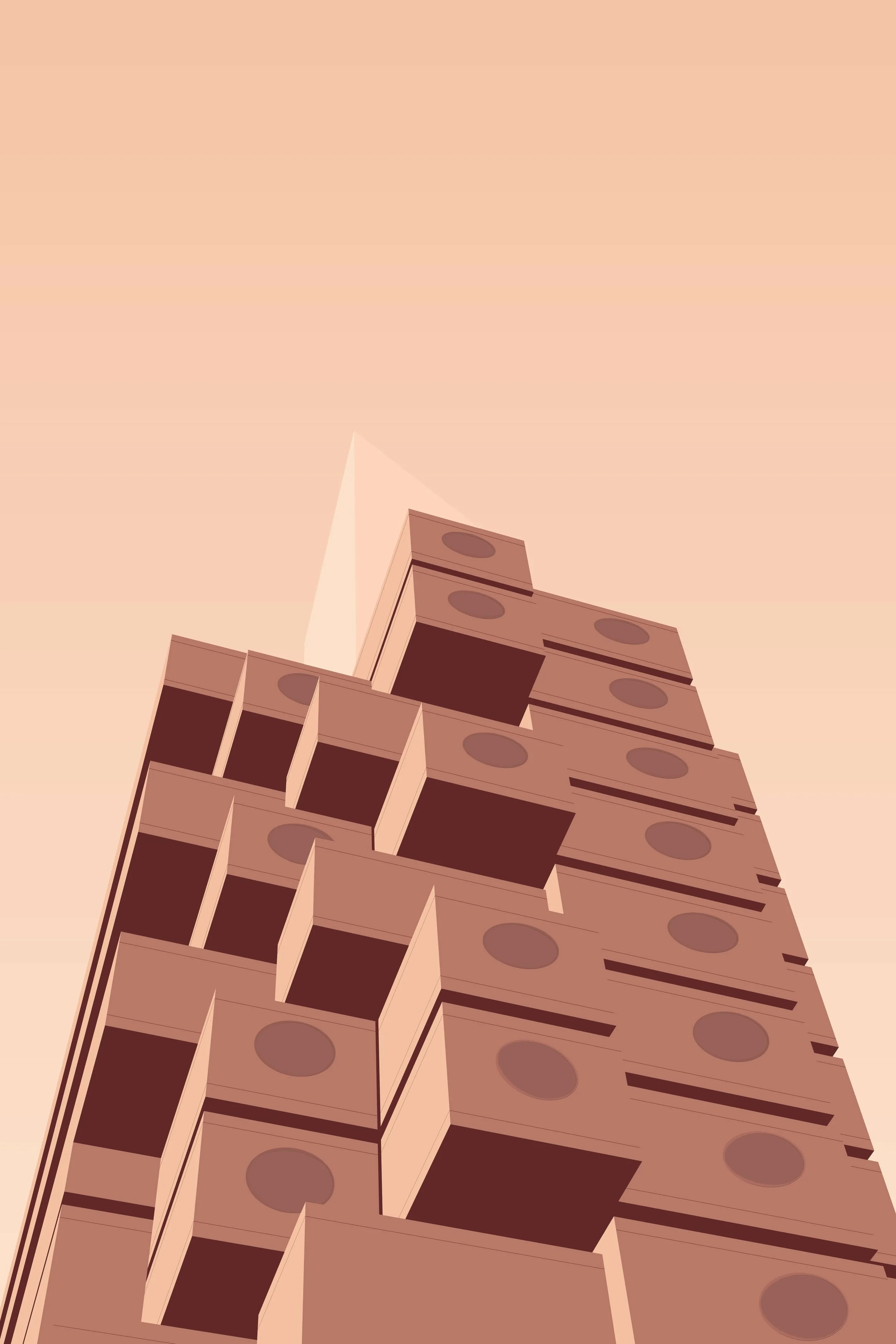 Illustrazione architettonica della Nakagin Capsule Tower di Kisho Kurokawa a Tokyo, stile minimalista