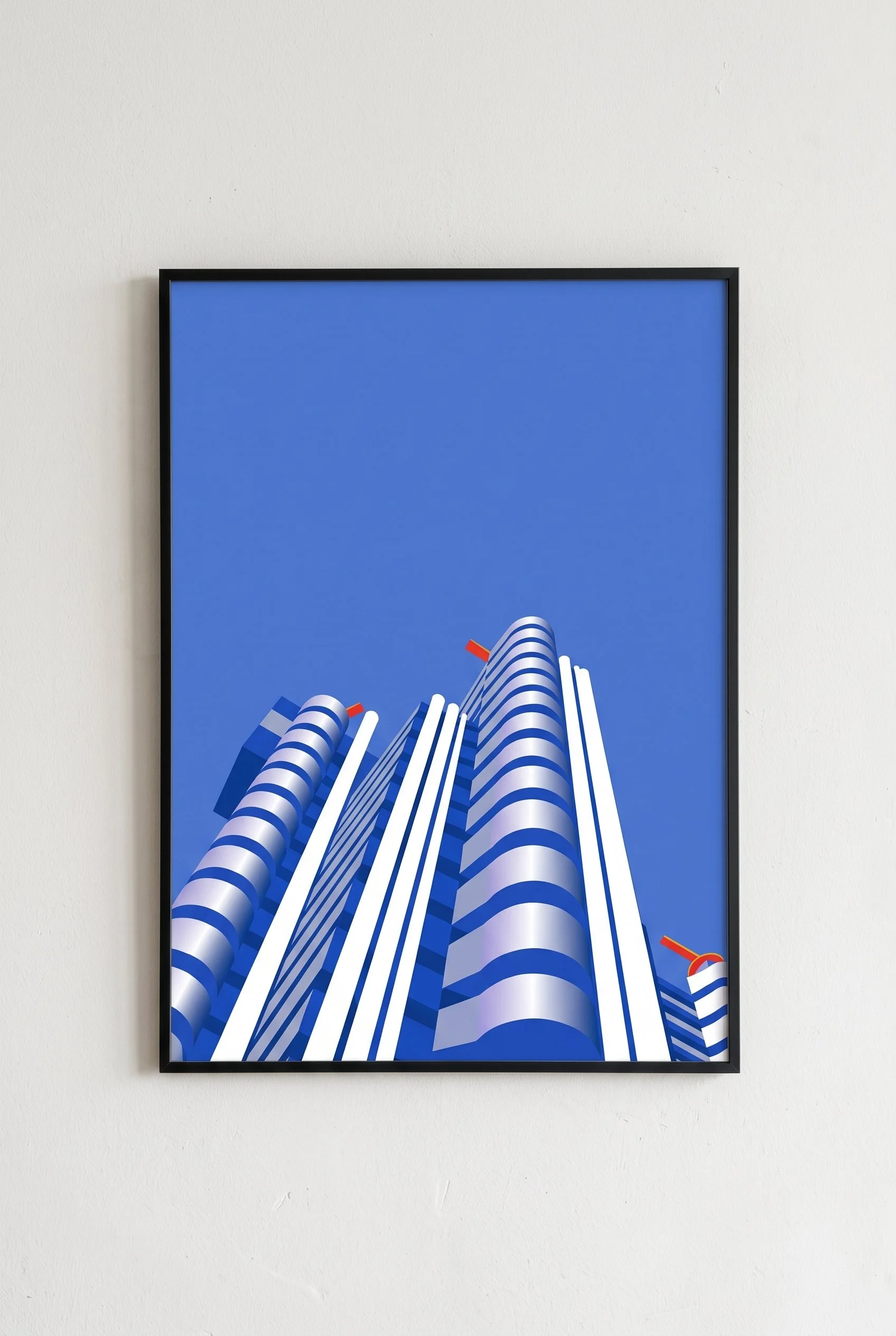 Stampa Fine Art del Lloyd's Building di Richard Rogers montata su alluminio Dibond con cornice nera in vista frontale.