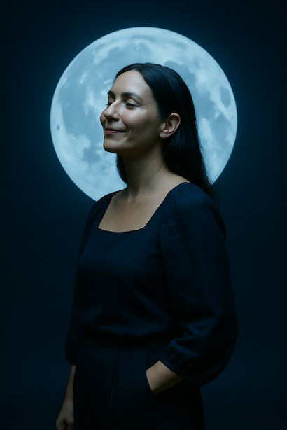 Woman with calm expression in front of full moon, representing clarity and presence