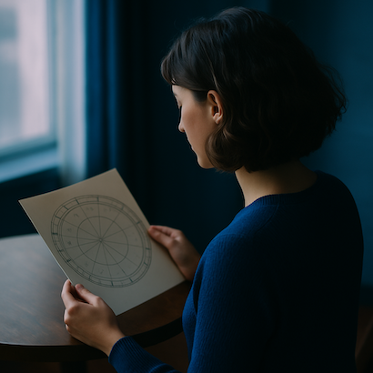 Woman holding astrology chart in calm setting, symbolizing introspection