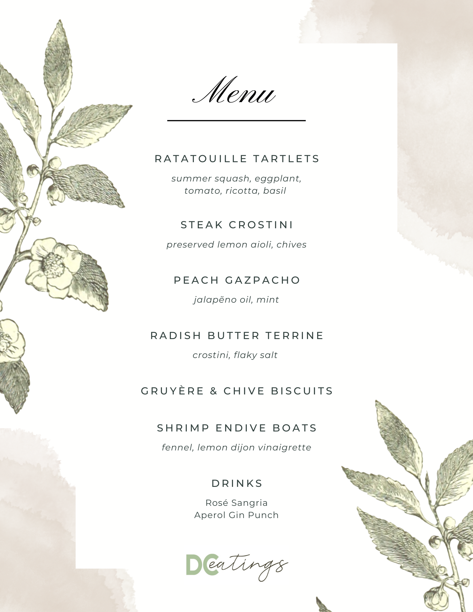 Elegant menu design with botanical illustrations, listing dishes like ratatouille tartlets, steak crostini, peach gazpacho, radish butter terrine, Gruyère & chive biscuits, shrimp endive boats, and drinks including rosé sangria and Aperol gin punch.