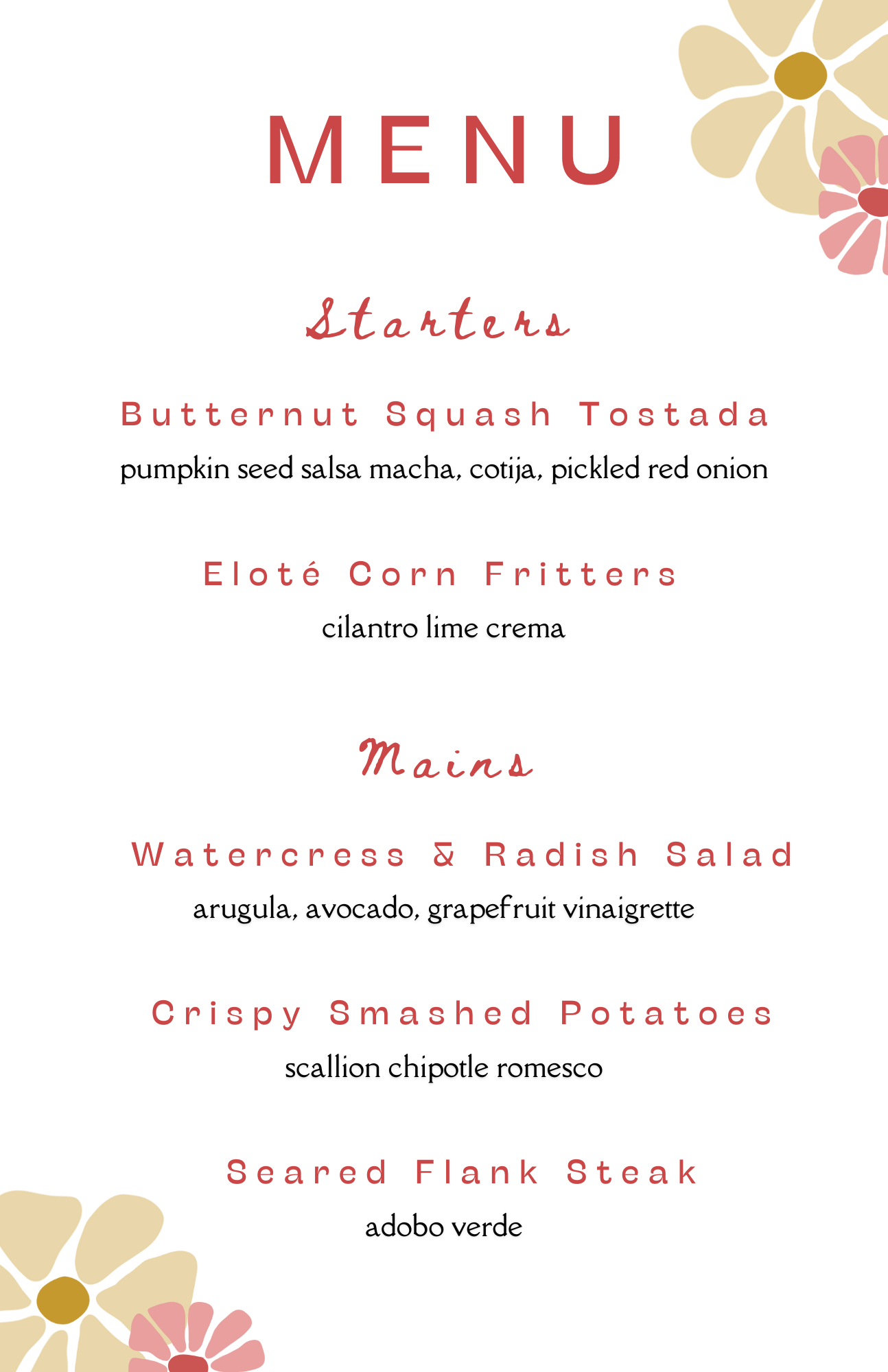 sample menu for a private chef dinner. 