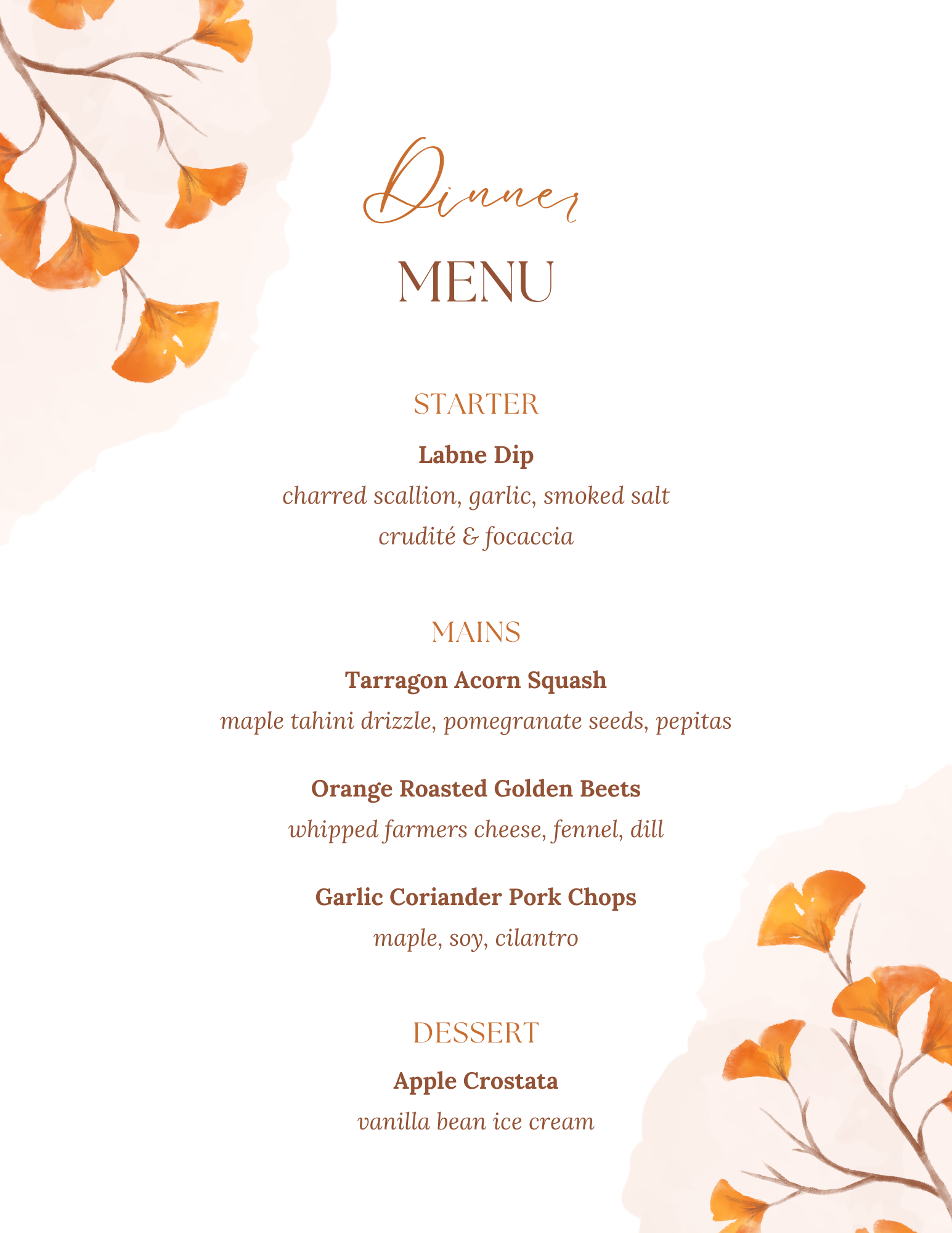 Autumn-themed dinner menu with orange ginkgo leaves in the corners