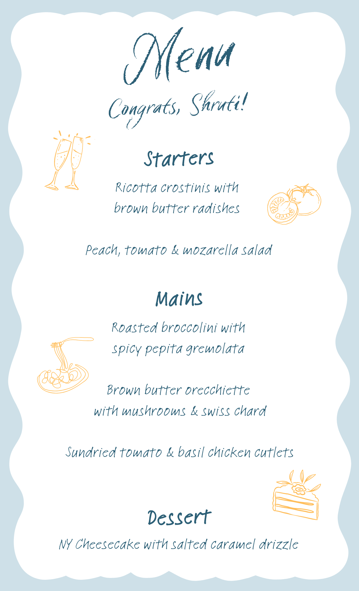 sample menu for a private chef dinner. 