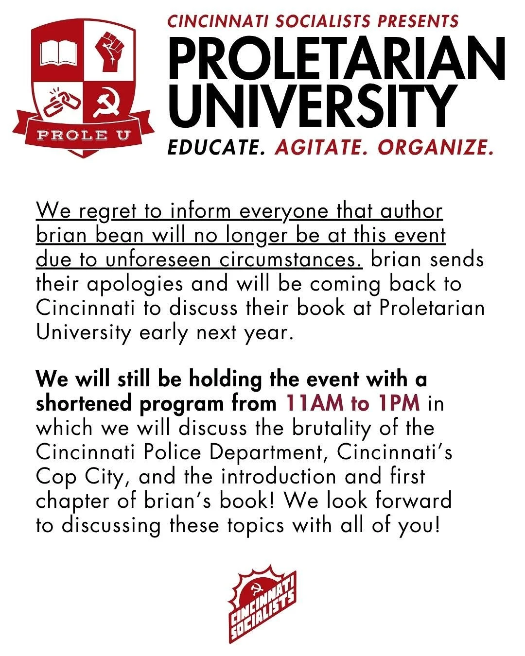 UPDATE ABOUT OUR EVENT TOMORROW! We will still be having it! Once we reschedule a date with brian, we will let you know! 

Please come and discuss police abolition with us and then head on over to @cincytenants event at 1:30pm to continue educating a