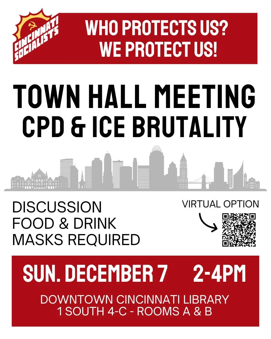 Join us on Sunday, December  7 at the Downtown Cincinnati Library from 2pm to 4pm for a Town Hall Meeting on police and ICE brutality here in the Greater Cincinnati area. We are asking folks to show up and discuss with local organizers and  community