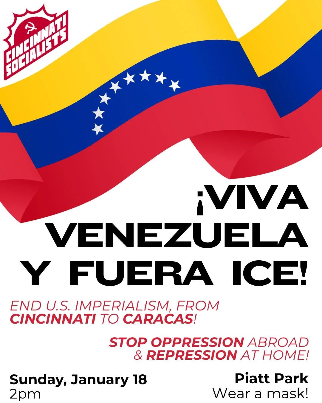 Justice for Venezuela! ICE out of our communities! 
Join us THIS SUNDAY (1/18) at Piatt Park to demand an end to US oppression of working people, at home and abroad. 

#fuckice  #FreeVenezuela #Marxists #revolution #Cincinnati