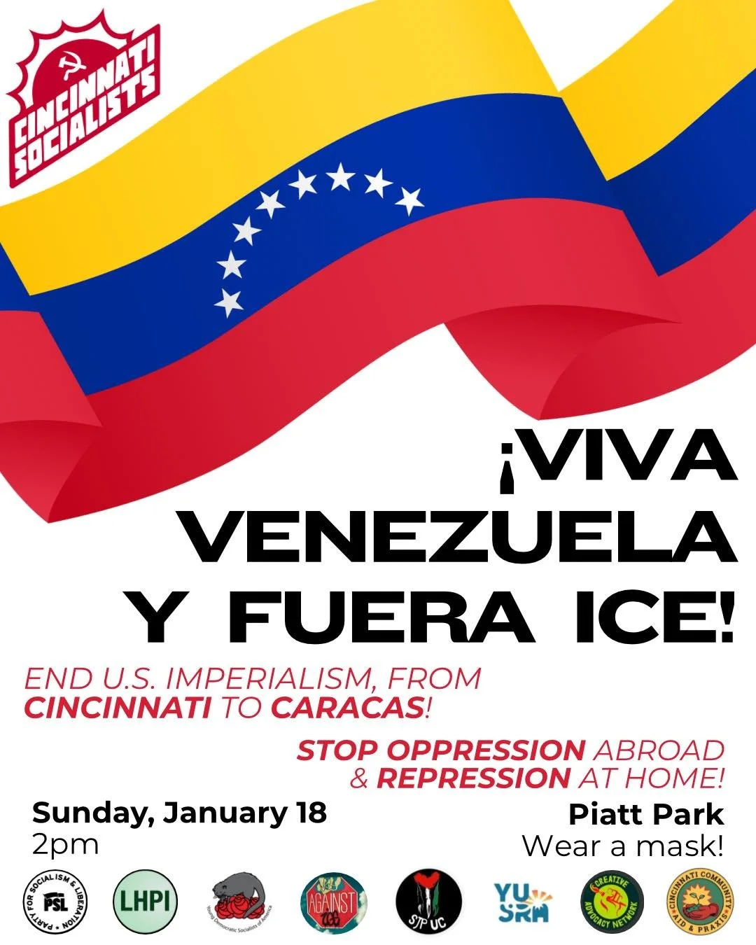 Justice for Venezuela! ICE out of our communities!
Join us THIS SUNDAY (1/18) at Piatt Park to demand an end to US oppression of working people, at home and abroad.

#fuckice #FreeVenezuela #Marxists #revolution #Cincinnati