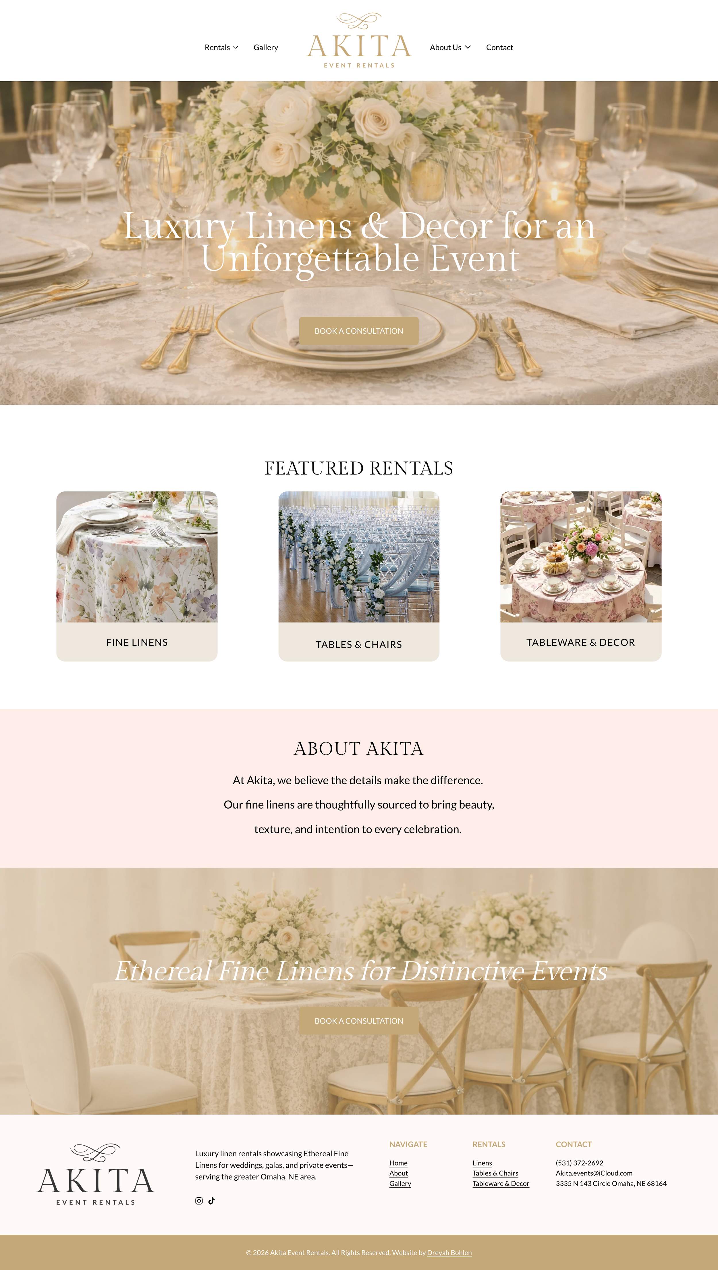Akita Event Rentals Omaha, NE website design by Dreyah Bohlen Squarespace designer