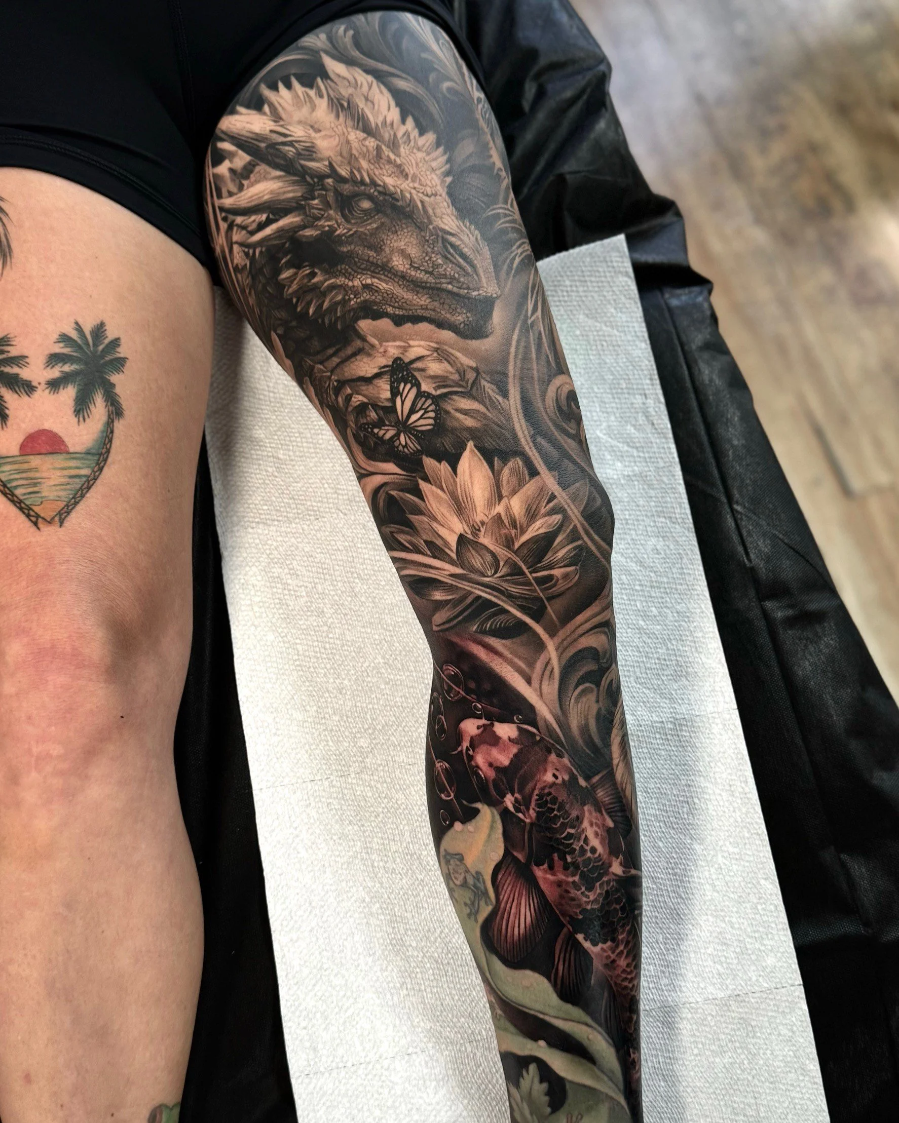 Dragon, Lotus Flower and Koi fish