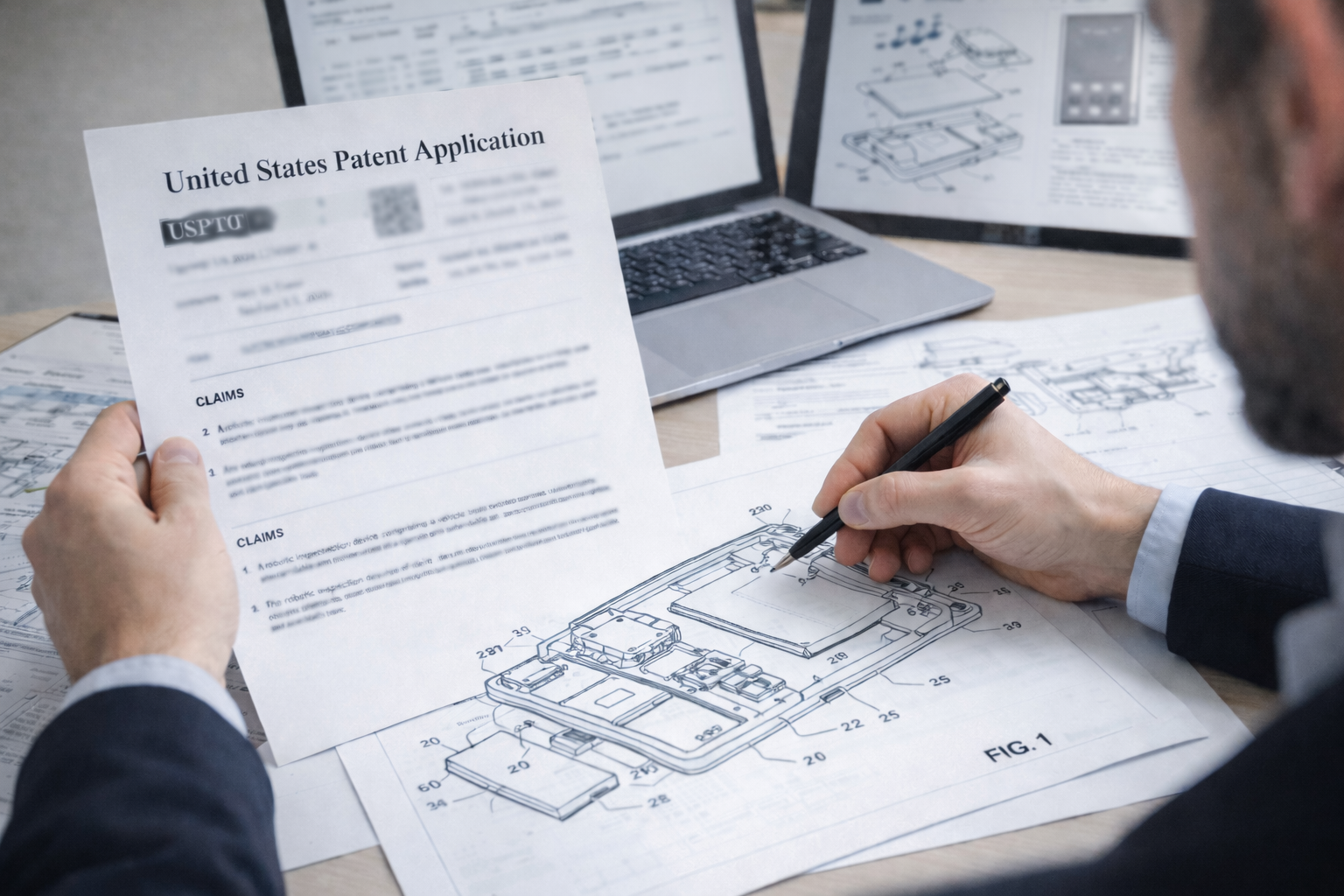 Person in a business suit working on technical drawings and a patent application for electronic device design, with a laptop and technical diagrams in the background.