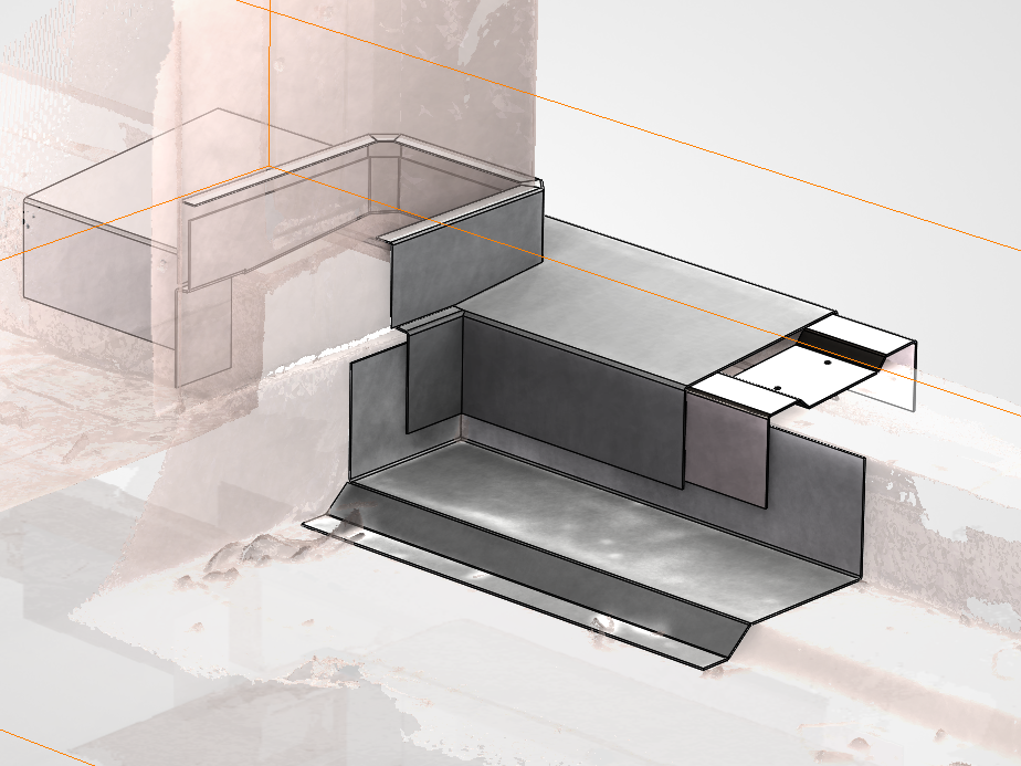 Architectural drawing of a building foundation with concrete and metal structural elements, showing the layout of walls and floor slabs.