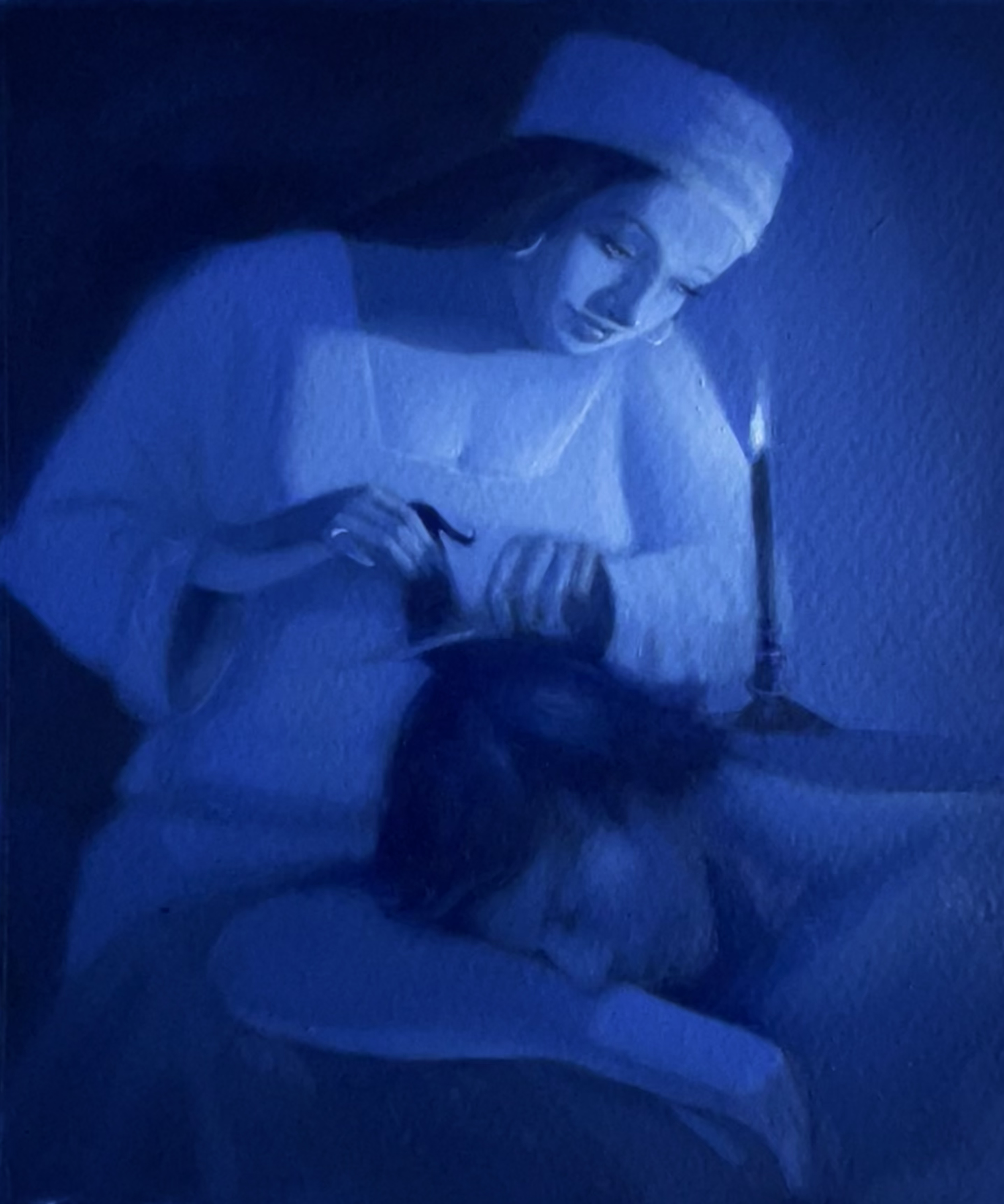 rework of Samson and Delilah 
Oil on paper, mounted on Moroccan zellige
8 x 10 in , 2026