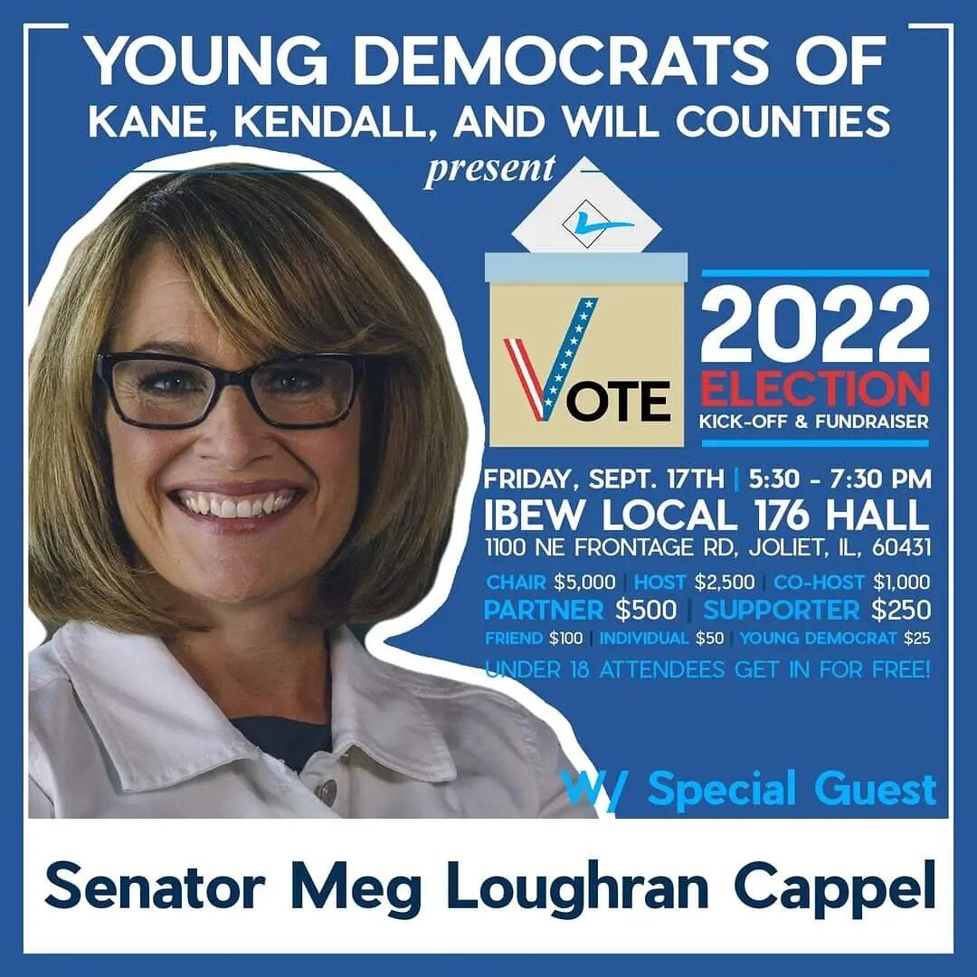 Get your tickets now to hear State Senator Meg Cappel speak about the importance of Young People to getting Democrats elected up and down the ballot!

The Kane, Kendall, and Will County Young Dems are excited to announce its joint fundraiser event on
