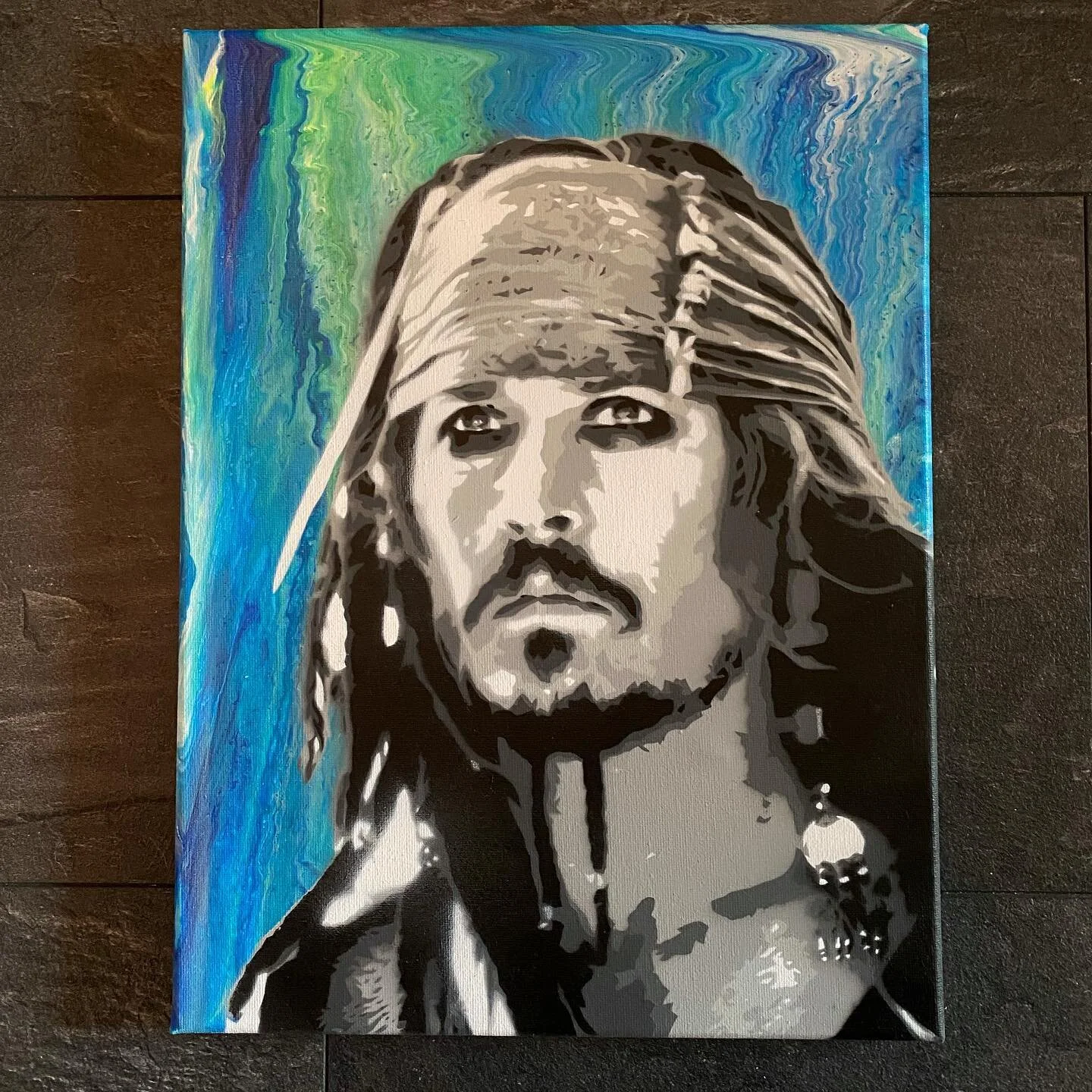 Jack sparrow with a poured background. Collab with @placebotogo ! #jacksoarrow #johnnydepp #piratesofthecaribbean #pouringpaint #pouringart #stencilart #streetart #graffiti #urbanart #aerosolart #aerosol #zombit #art #portrait #sea #ocean