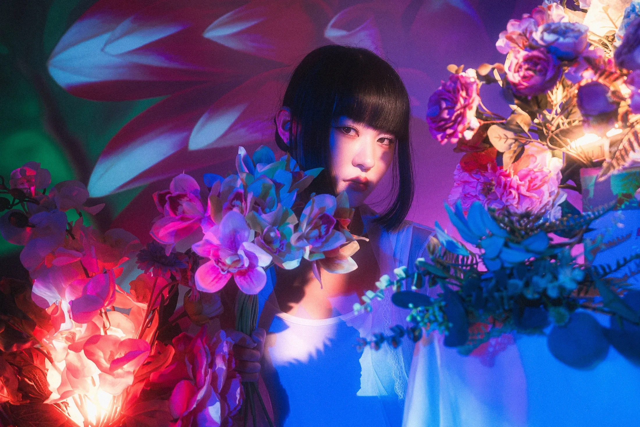 A person with long dark hair and bangs is surrounded by vibrant pink, purple, and blue flowers, with colorful light projections on the wall behind them.
