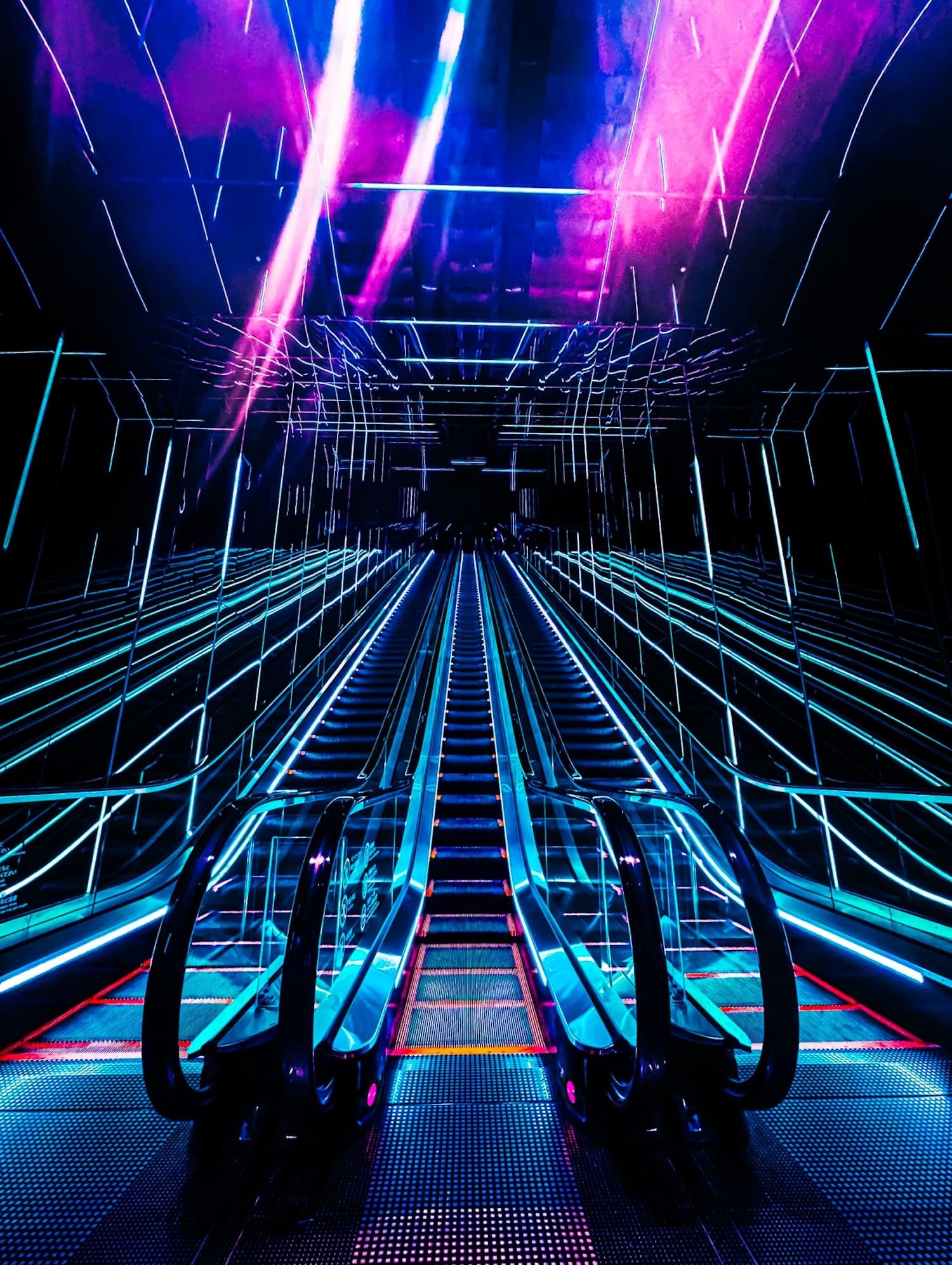 A digital art scene of an escalator within a futuristic, neon-lit corridor with glowing blue and pink lines, creating a high-tech, cyberpunk atmosphere.