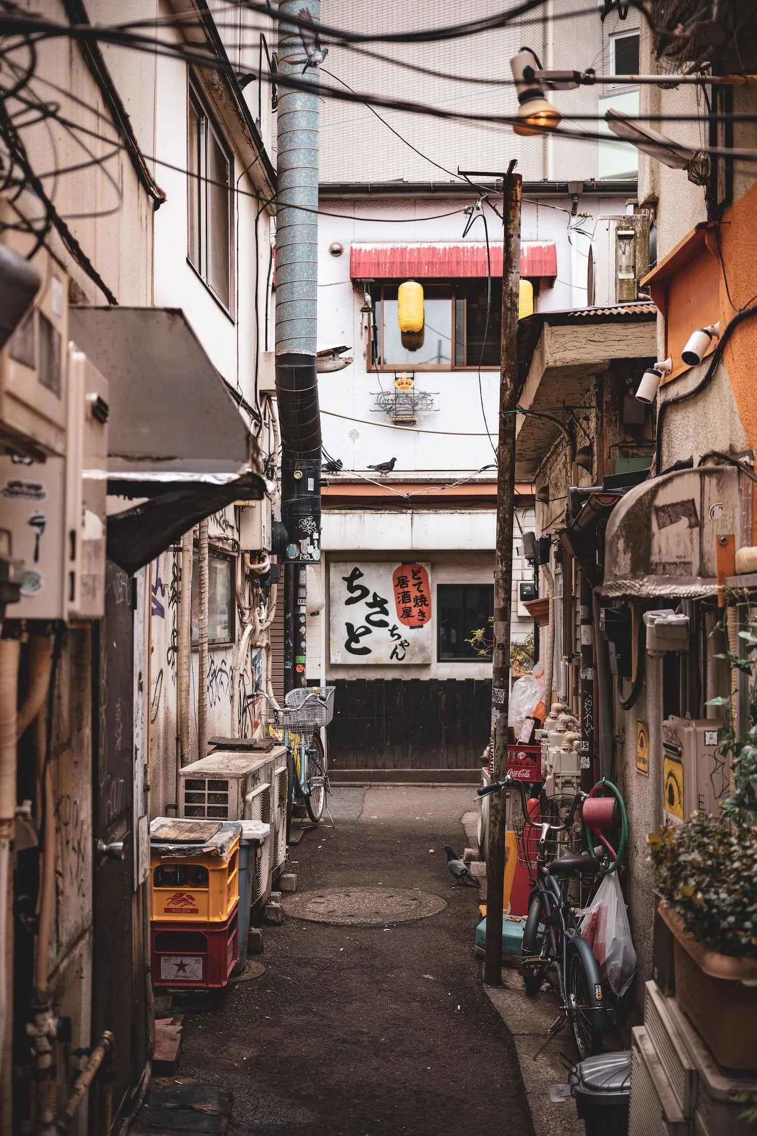 A narrow alleyway between old buildings with various objects such as bicycles, plants, and signs in Japanese on the walls, leading to a closed gate at the end.