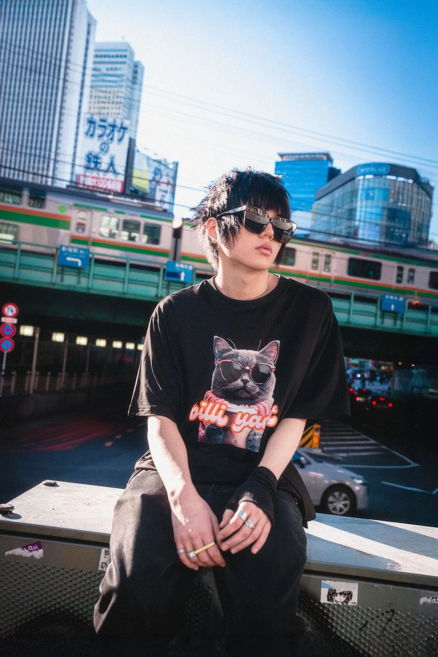 Portrait of a model wearing oversized sunglasses and a graphic cat t-shirt while sitting above a Tokyo street with a commuter train passing behind, captured in strong afternoon light by Tokyo photographer Deniz Demir.