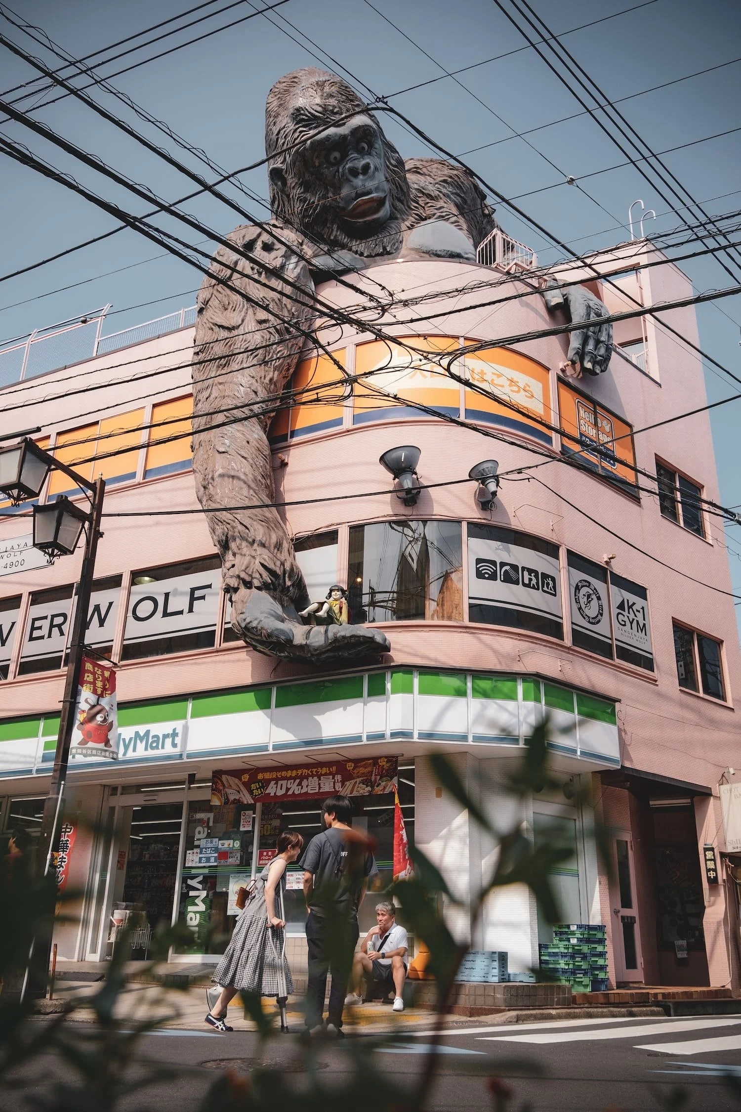 A pink multi-story building featuring a large, realistic gorilla sculpture hanging from the roof, with people talking and sitting in front of the store on the street.