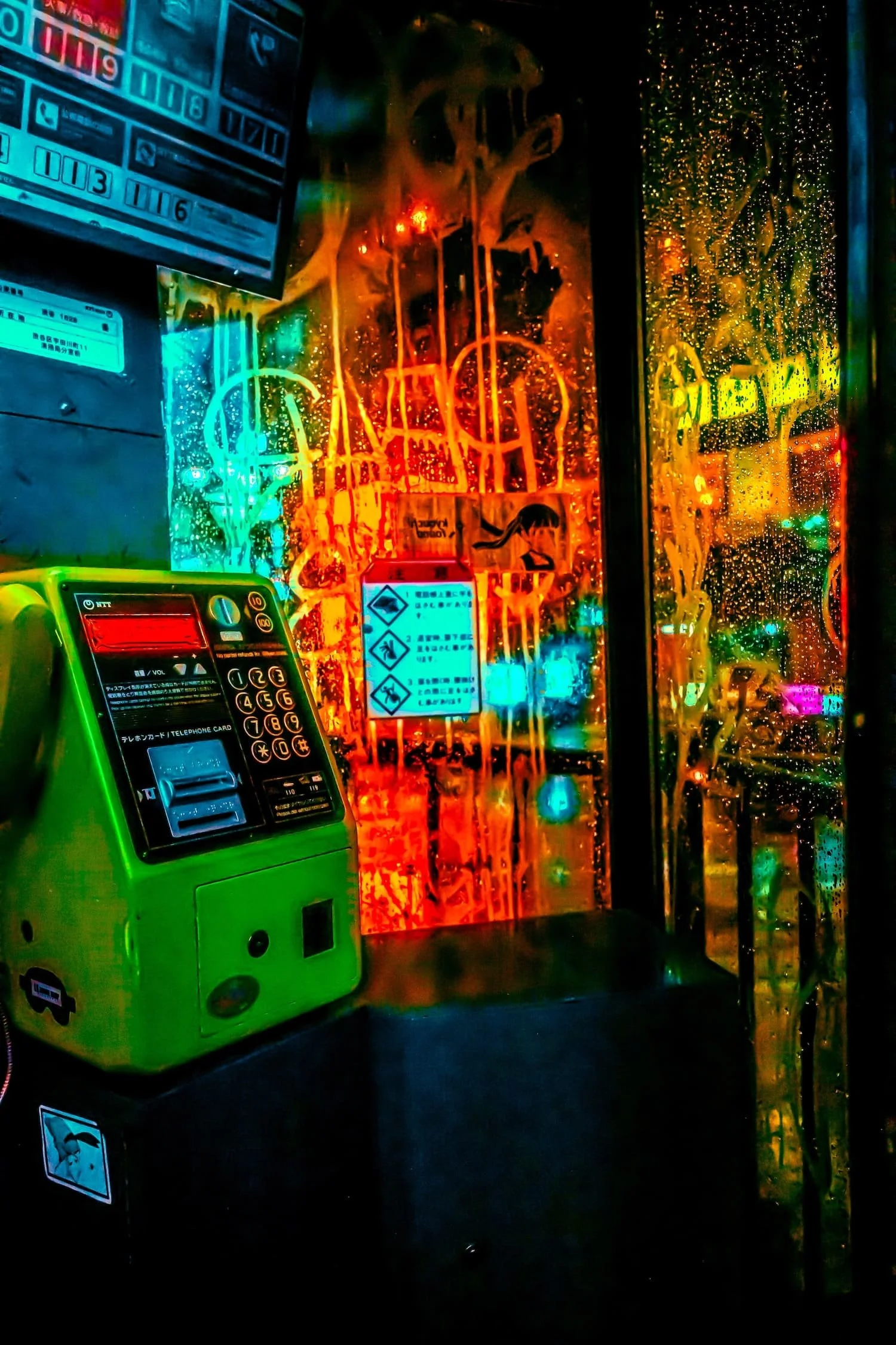 A brightly colored telephone booth with neon green, red, and yellow lighting, rain droplets on the glass, and a payphone inside in a cyberpunk sci-fi photography style.