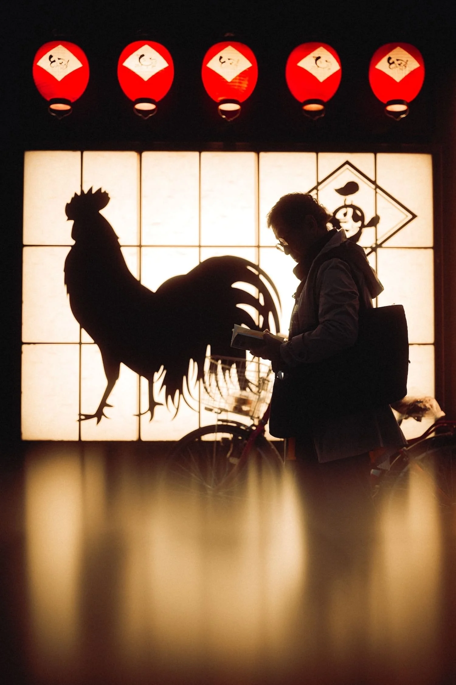 Silhouette of a person reading a book in front of a backlit window featuring a rooster silhouette, with red paper lanterns with Japanese characters hanging above.