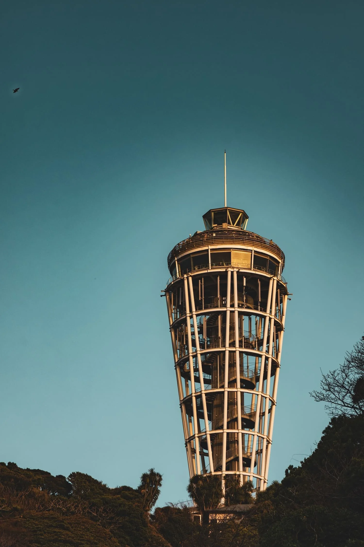 A tall tower with an open metal framework and multiple viewing levels, topped with a small enclosed observation area and a flagpole, seen against a clear sky with some trees and a bird in flight nearby.