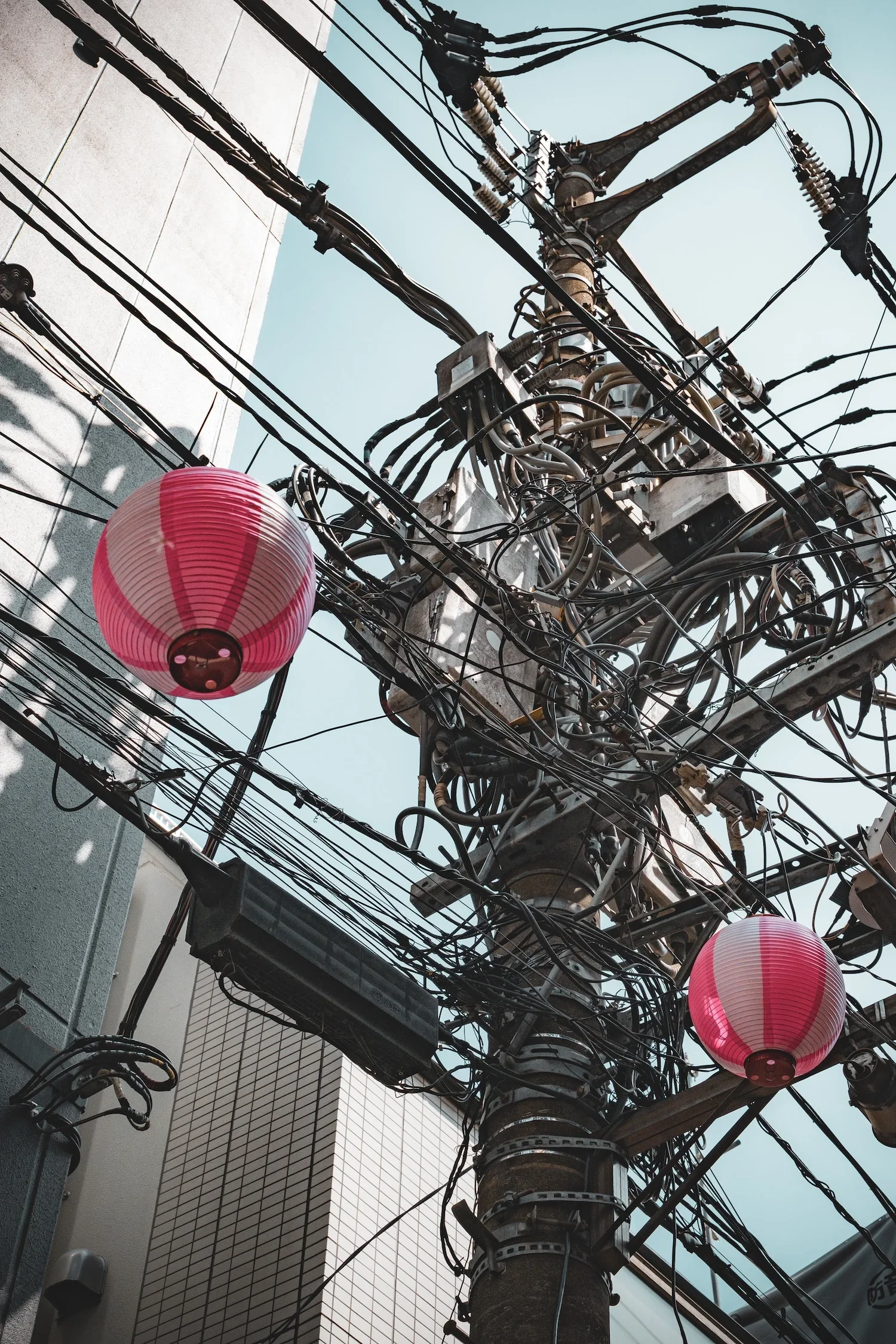 Close-up view of a utility pole with numerous electrical wires and insulation components, along with two pink paper lanterns hanging from the wires. Part of a modern building with a tiled wall is visible in the background under a clear blue sky.