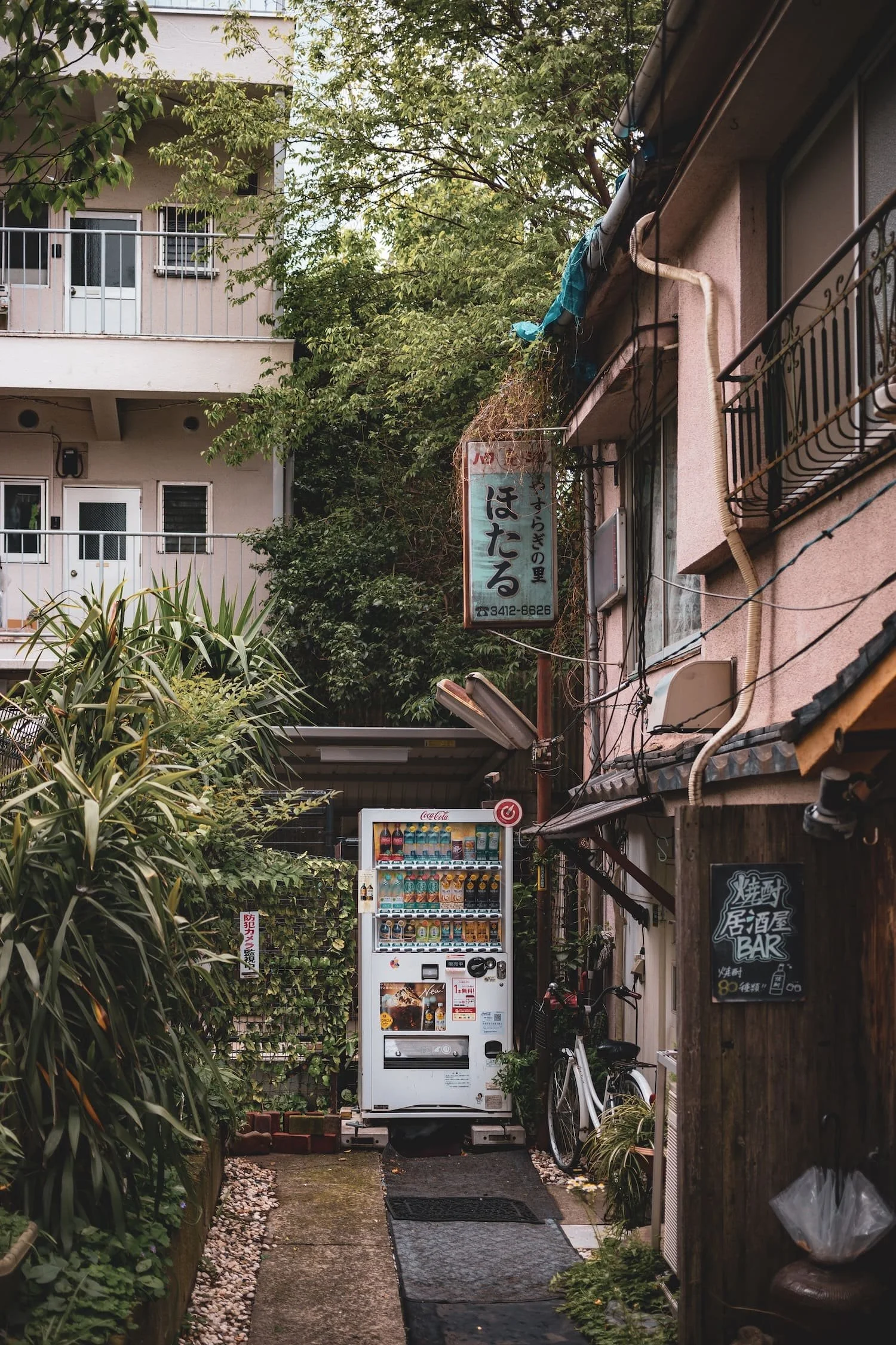 A small, outdoor alleyway with a vending machine surrounded by greenery, bicycles, and signs in Japanese, leading to a bar.