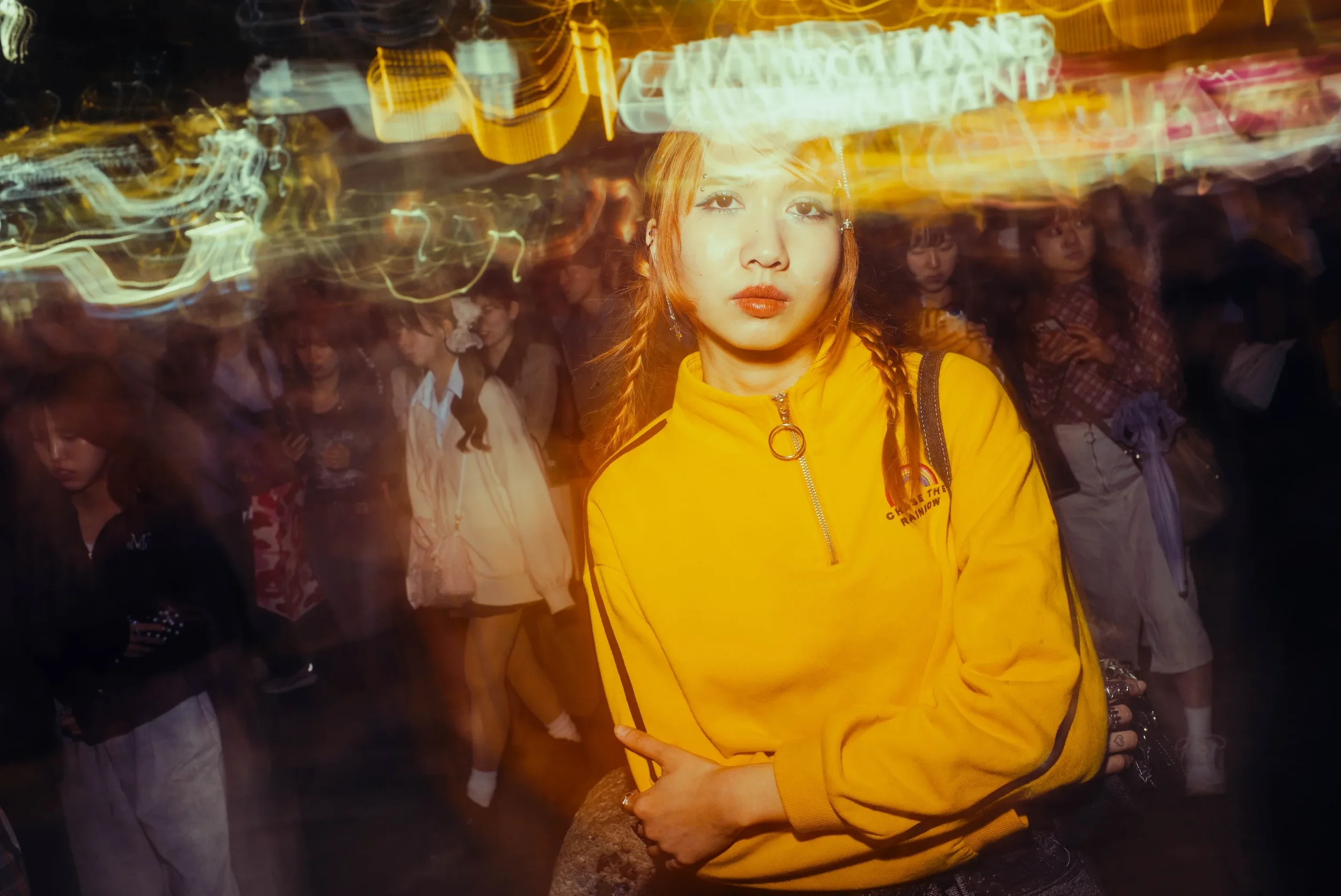 Creative night portrait using motion blur and Tokyo city lights