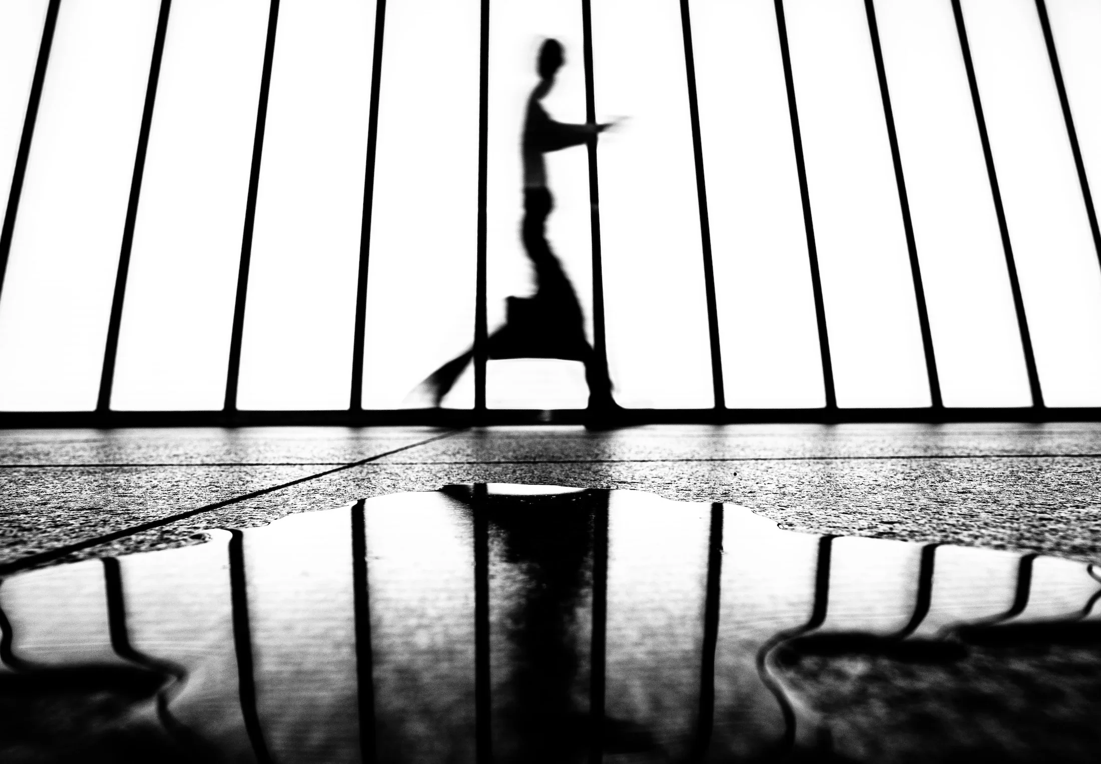 Silhouette of a person walking behind a metal gate with shadows cast on the ground, reflecting on a wet surface.