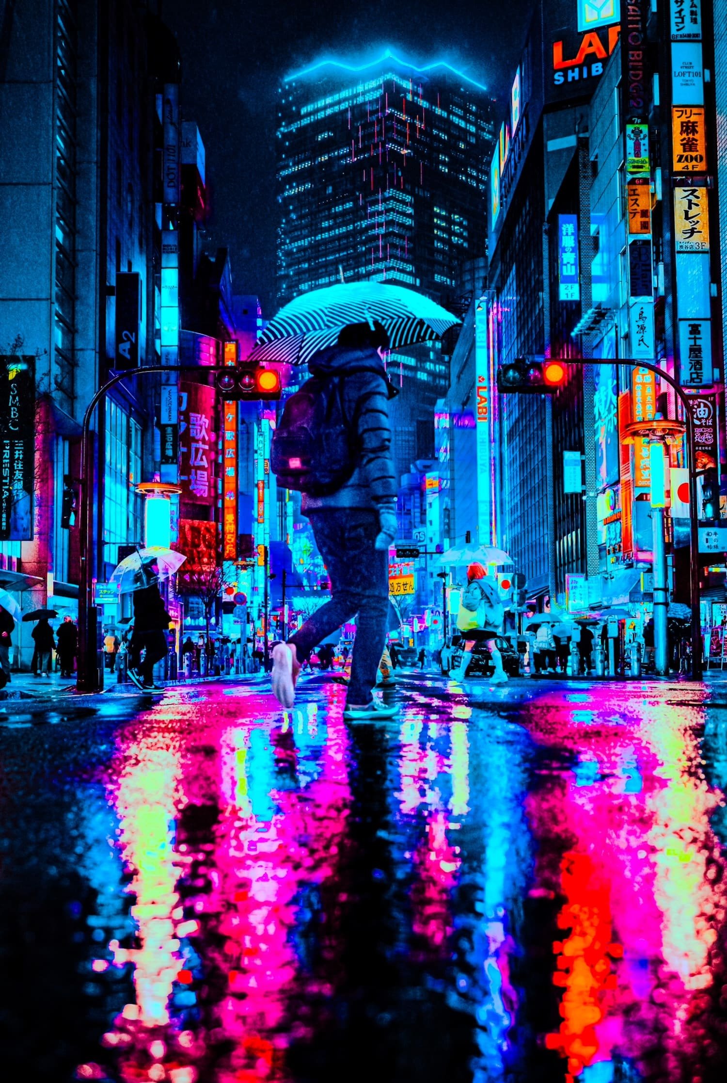 Nighttime city street scene with people holding umbrellas, neon signs, and reflections on wet pavement, in an urban area.