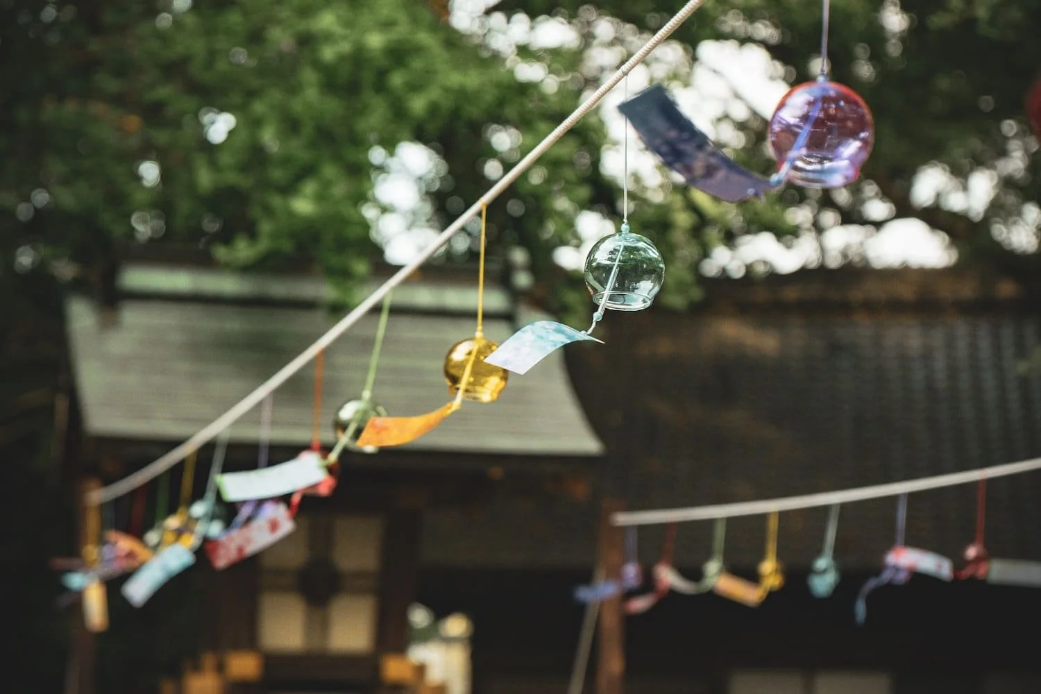 Colorful glass wind chimes hanging on a clothesline outdoors with trees and a building in the background.