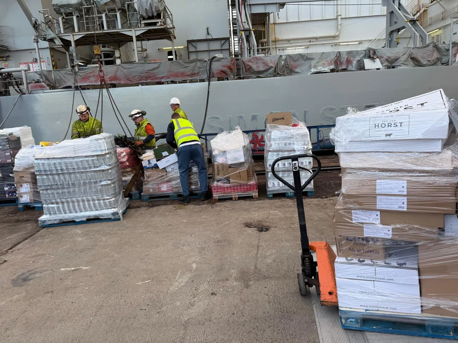 Workers in safety gear and helmets unloading pallets of boxed goods from a ship on the dock.