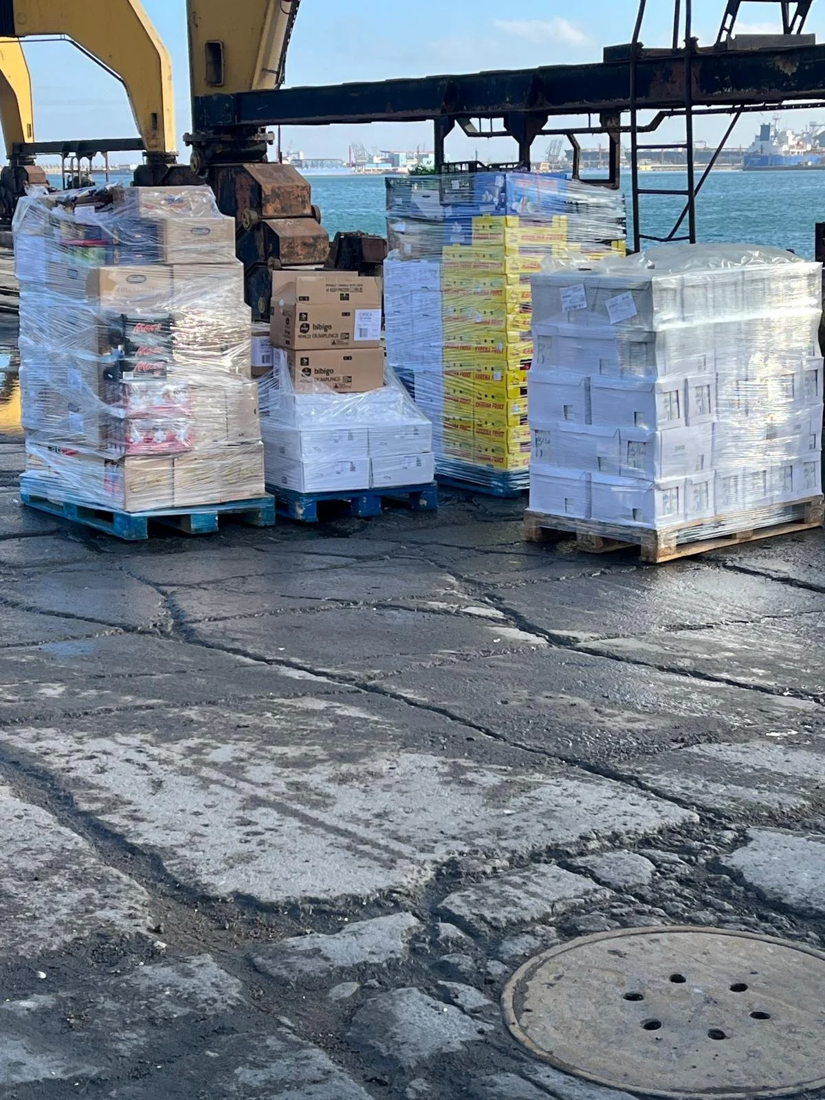 Pallets of packaged goods wrapped in plastic on a pier near water, with a crane and ships in the background.
