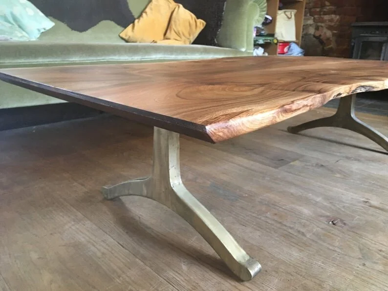 Live Edge English Walnut Coffee Table Sitting on Antiqued Bronzed Wishbone Legs