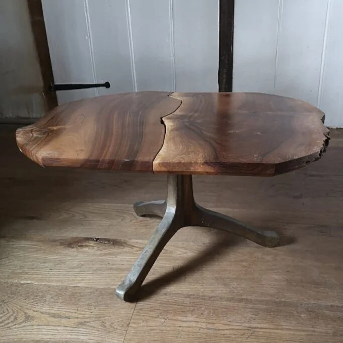 English Walnut Coffee Table on Bronze Triple Wishbone Legs