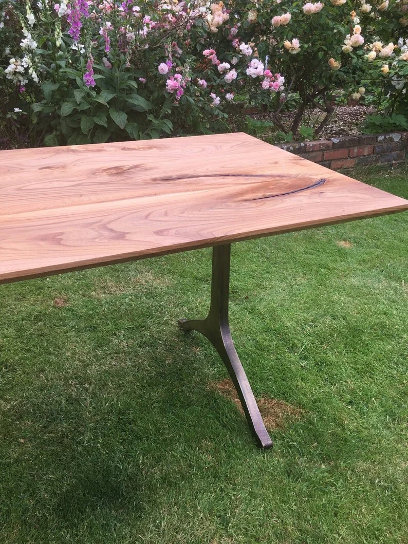 Highly Figured English Elm Dining Table on Wishbone Legs, Hand Cast in Solid Brass Finished in Antiqued Bronze