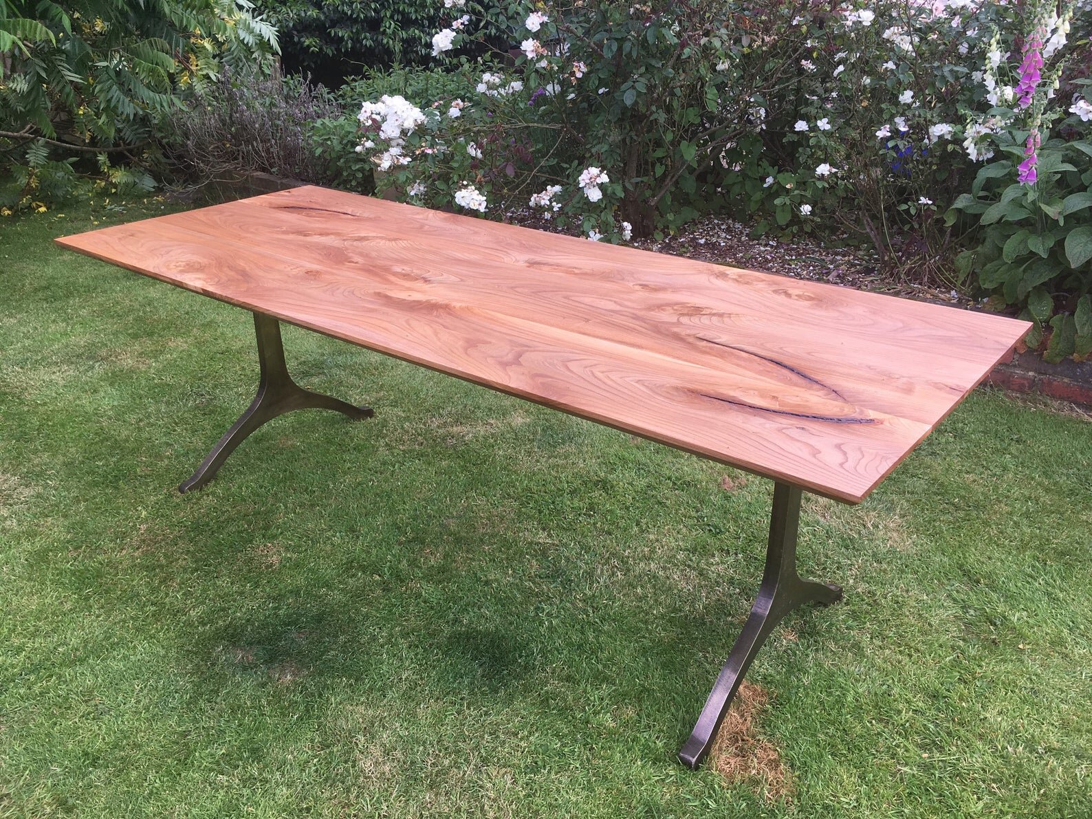 Highly Figured English Elm Dining Table on Wishbone Legs, Hand Cast in Solid Brass Finished in Antiqued Bronze