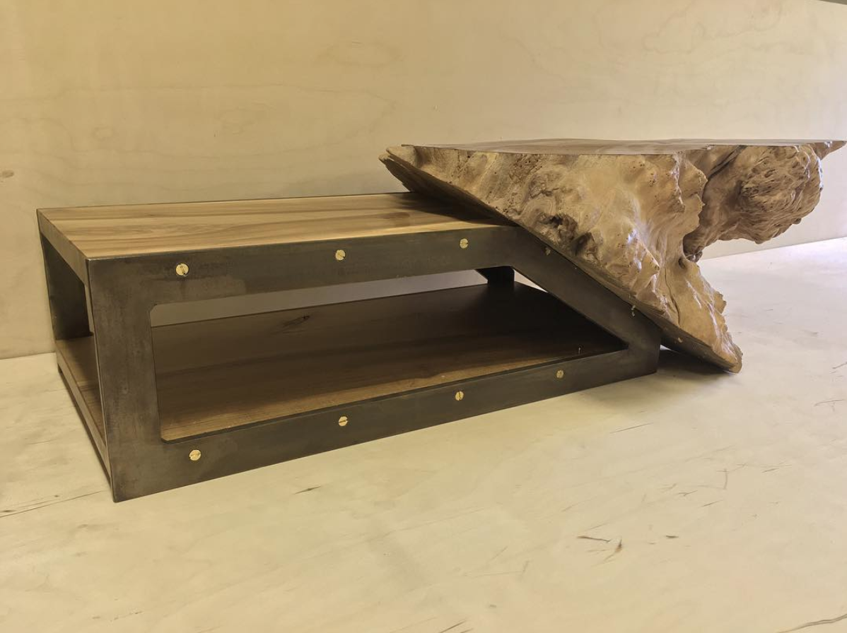 Elm Burr Live Edge Coffee Table with Custom Made Brass Plated Steel Antiqued Bronze Legs