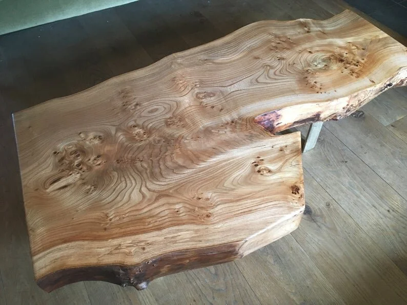 Live Edge Crotch Elm Timber Sitting on Antiqued Bronzed Legs