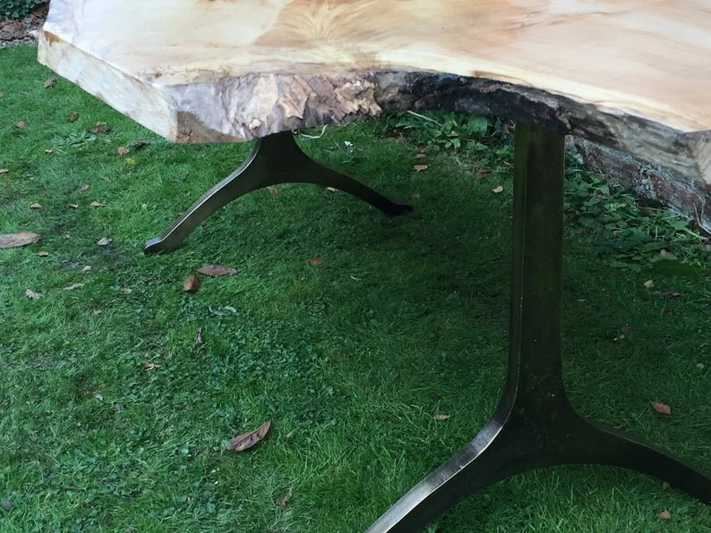 Live Edge Dining Table Made to Order with Antiqued Bronze Wishbone Legs