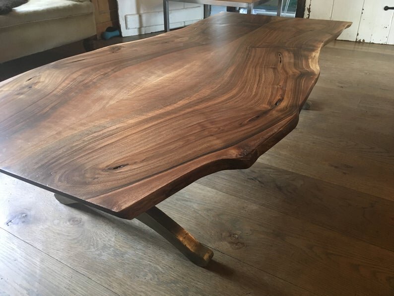 Live Edge English Walnut Coffee Table Sitting on Antiqued Bronzed Wishbone Legs
