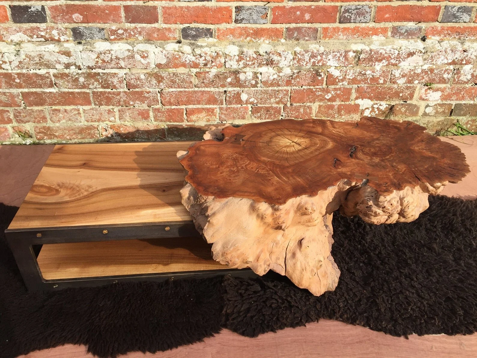 Elm Burr Live Edge Coffee Table with Custom Made Brass Plated Steel Antiqued Bronze Legs